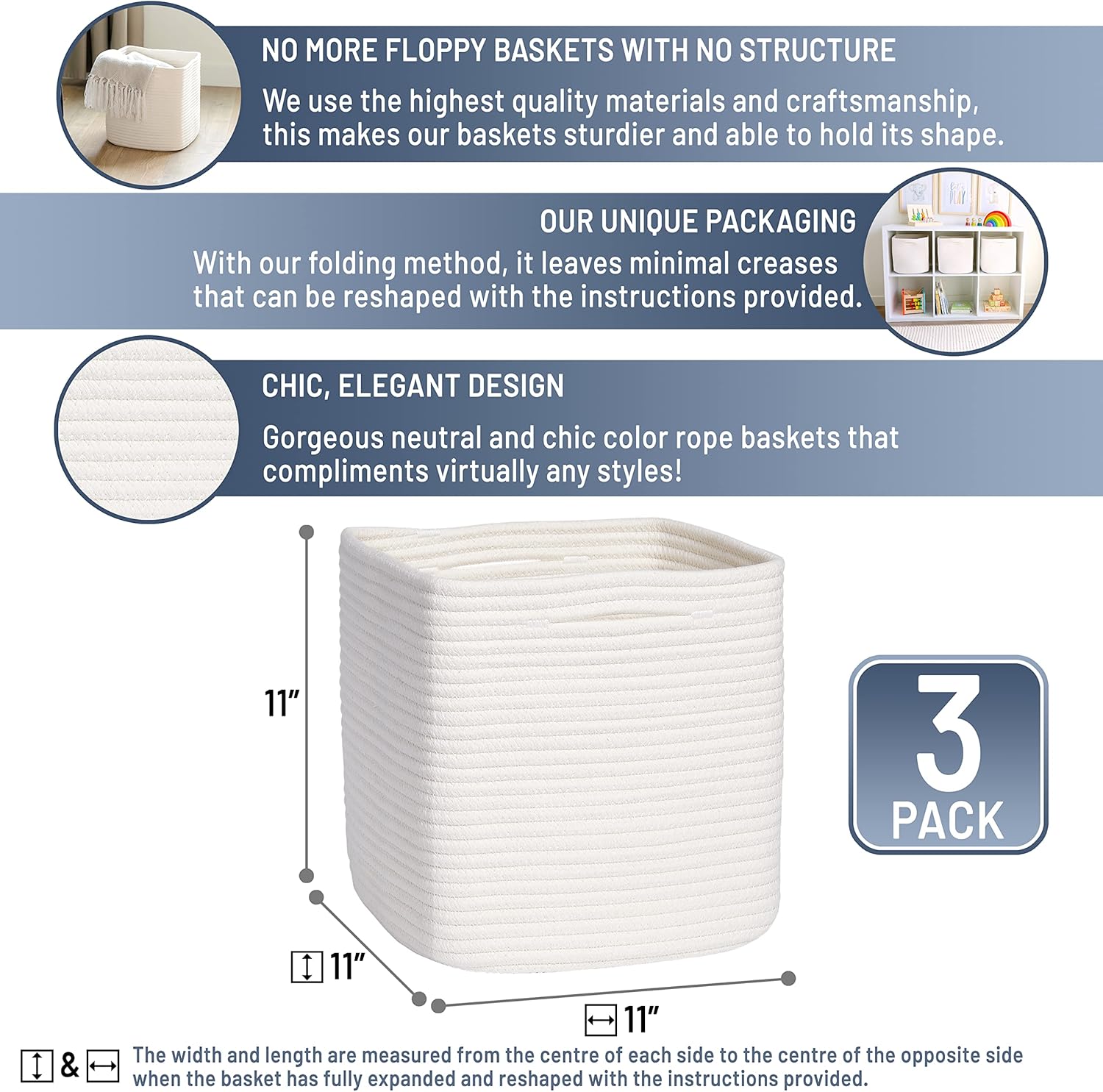 Storage Cubes 11 Inch Cotton Rope Woven Baskets for Organizing, 3-Pack | Cube Storage Bin | Square Storage Baskets