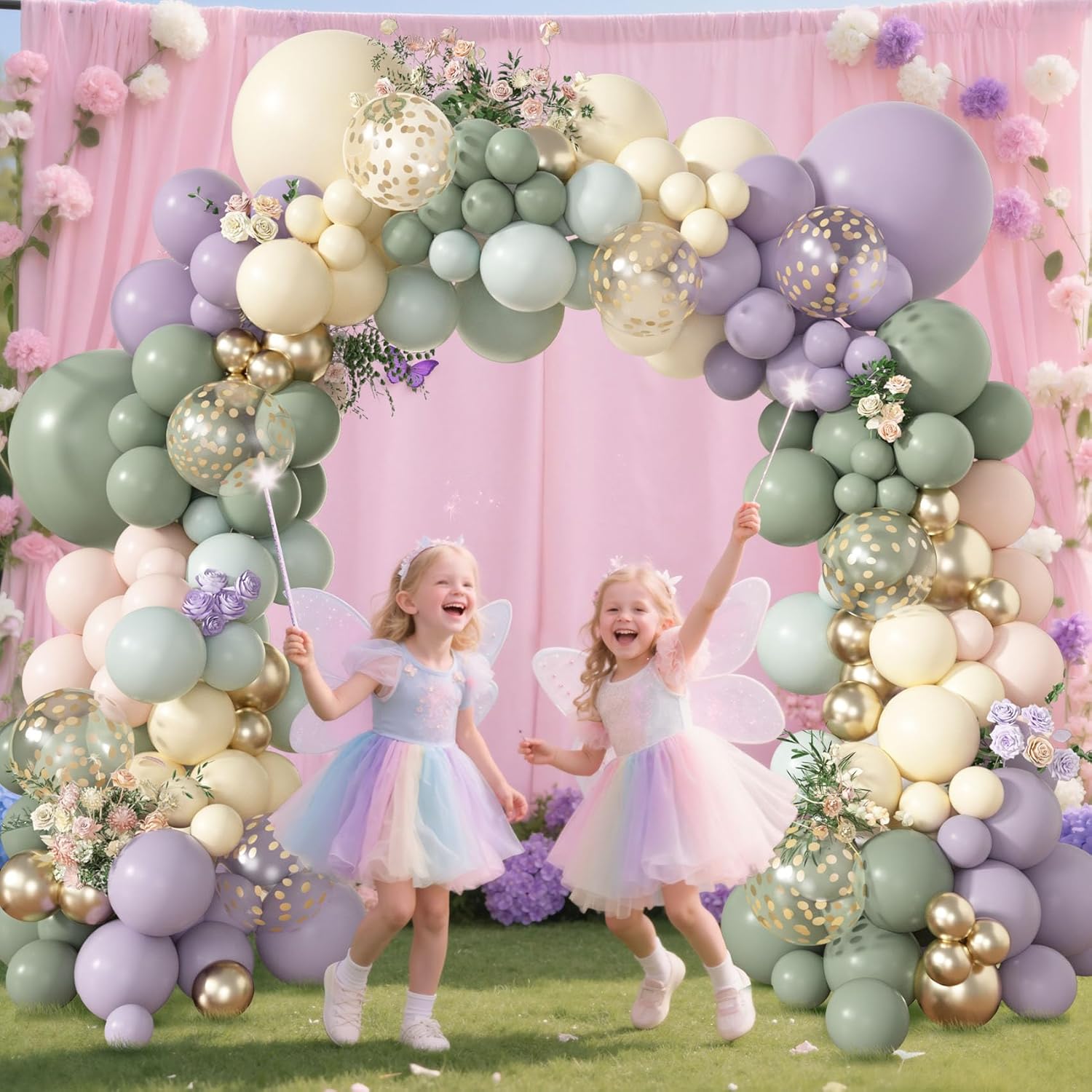 173Pcs Dusty Green Purple Pink Balloon Arch Garland Kit, Lavender Pastel Blush Pink Yellow Mist Green Gold Confetti