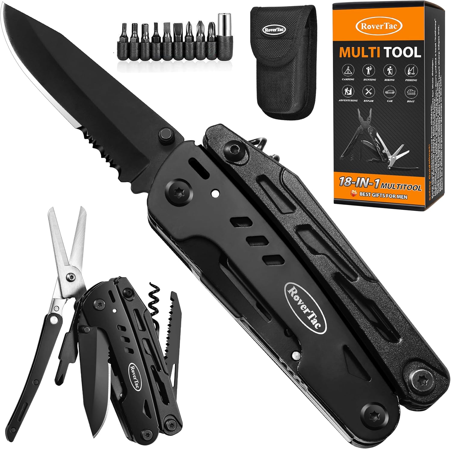 18-in-1 Multitool Pocket Knife with Pliers, Saw, Corkscrew & Detachable Scissors, Multi Tool with Safety Lock, 9