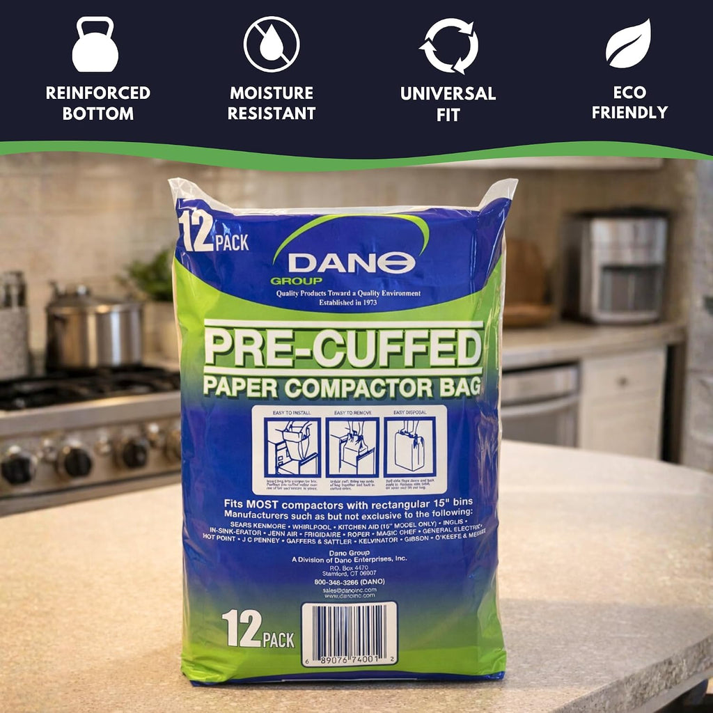 Dano Pre-Cuffed Paper Trash Compactor Bags (12 Pack) | Heavy Duty Kitchen Garbage Compactor Bags & Liners | 11 Gallon