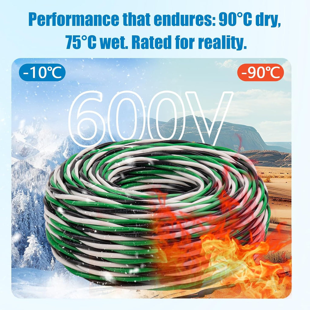 12 AWG THHN Wire 3-Conductor (Black/White/Green) – Stranded Copper, THHN/THWN-2 Rated 600V, Nylon Jacket for