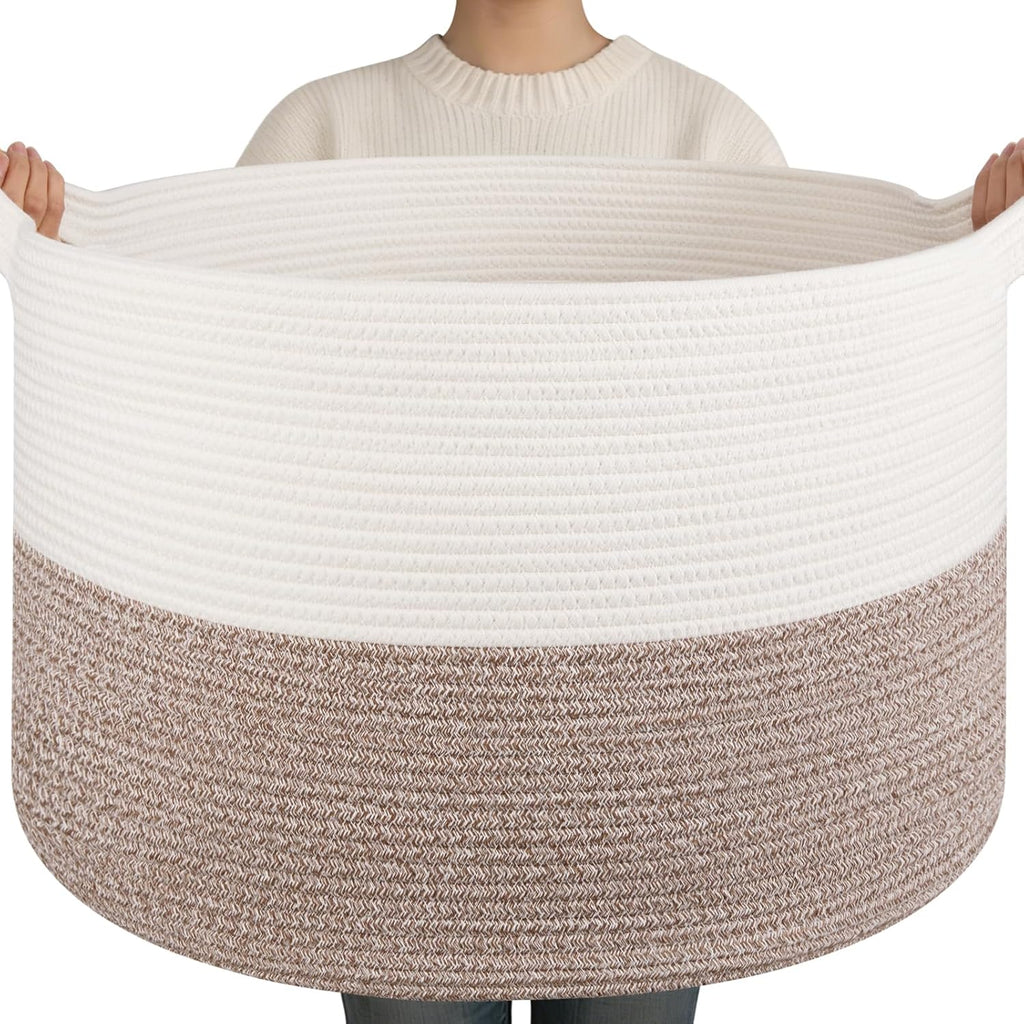 90L XXXLarge Blanket Basket for Living Room, 21.7" x 13.8" Woven Cotton Rope Laundry Basket for Organizing Pillows