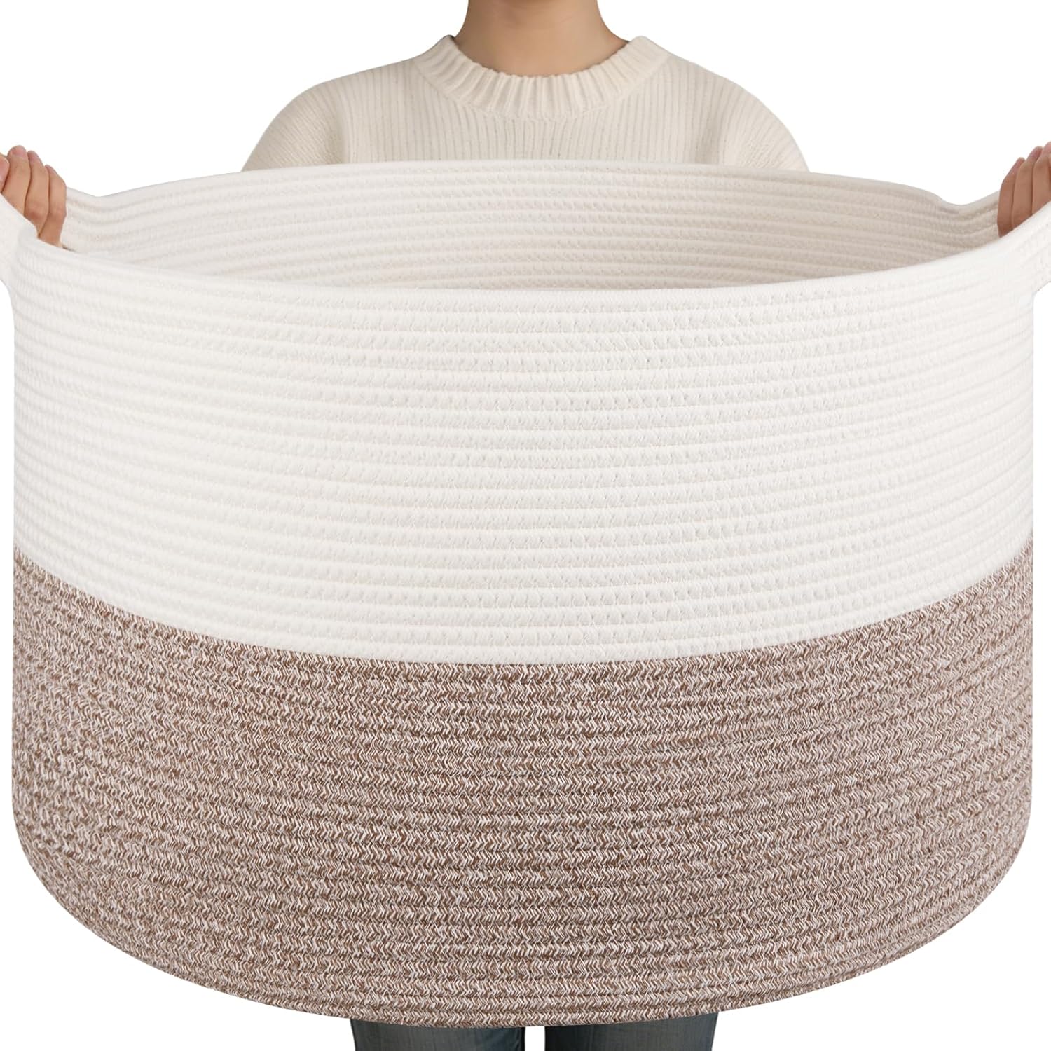 90L XXXLarge Blanket Basket for Living Room, 21.7" x 13.8" Woven Cotton Rope Laundry Basket for Organizing Pillows