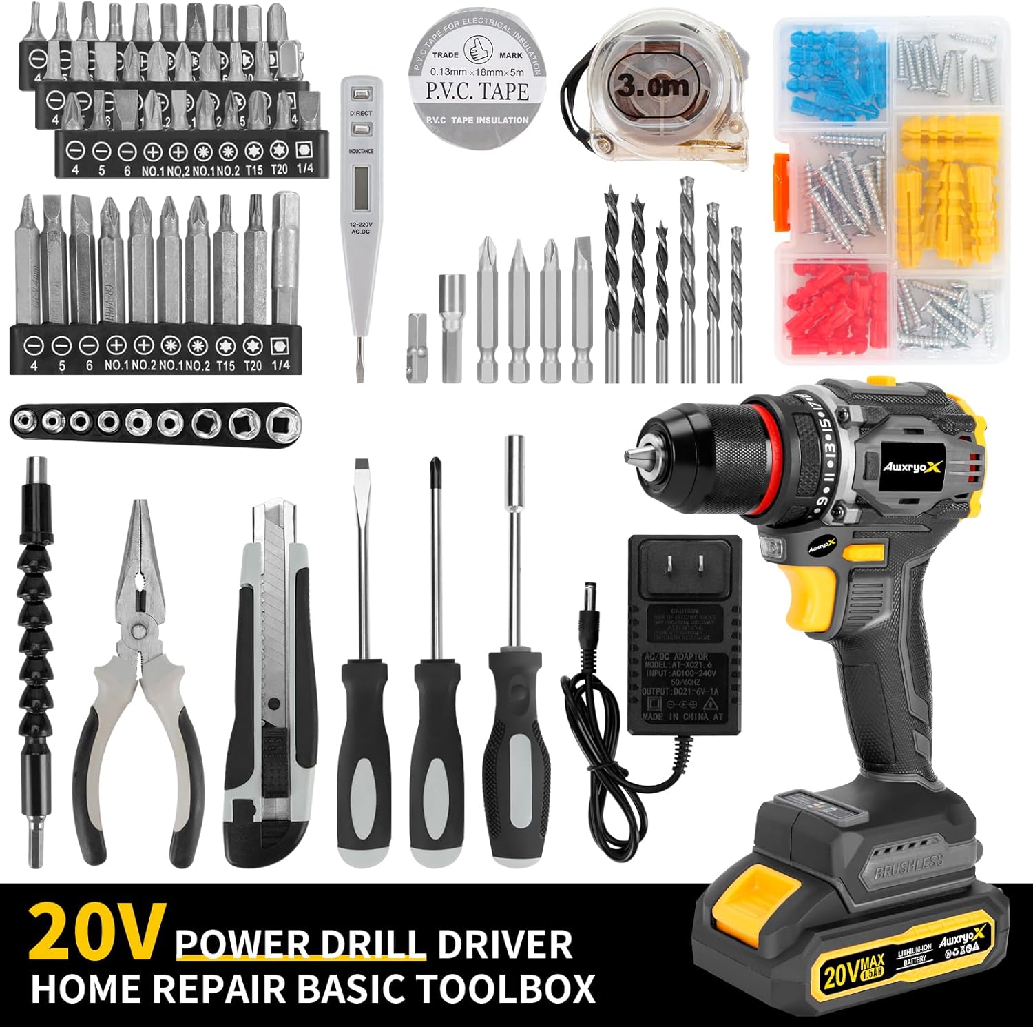 Brushless Compact Drill Tool Set, 60N.m 20V Cordless Drill Tool Box with 2 Battery, 135Pcs Man Household Combo Set