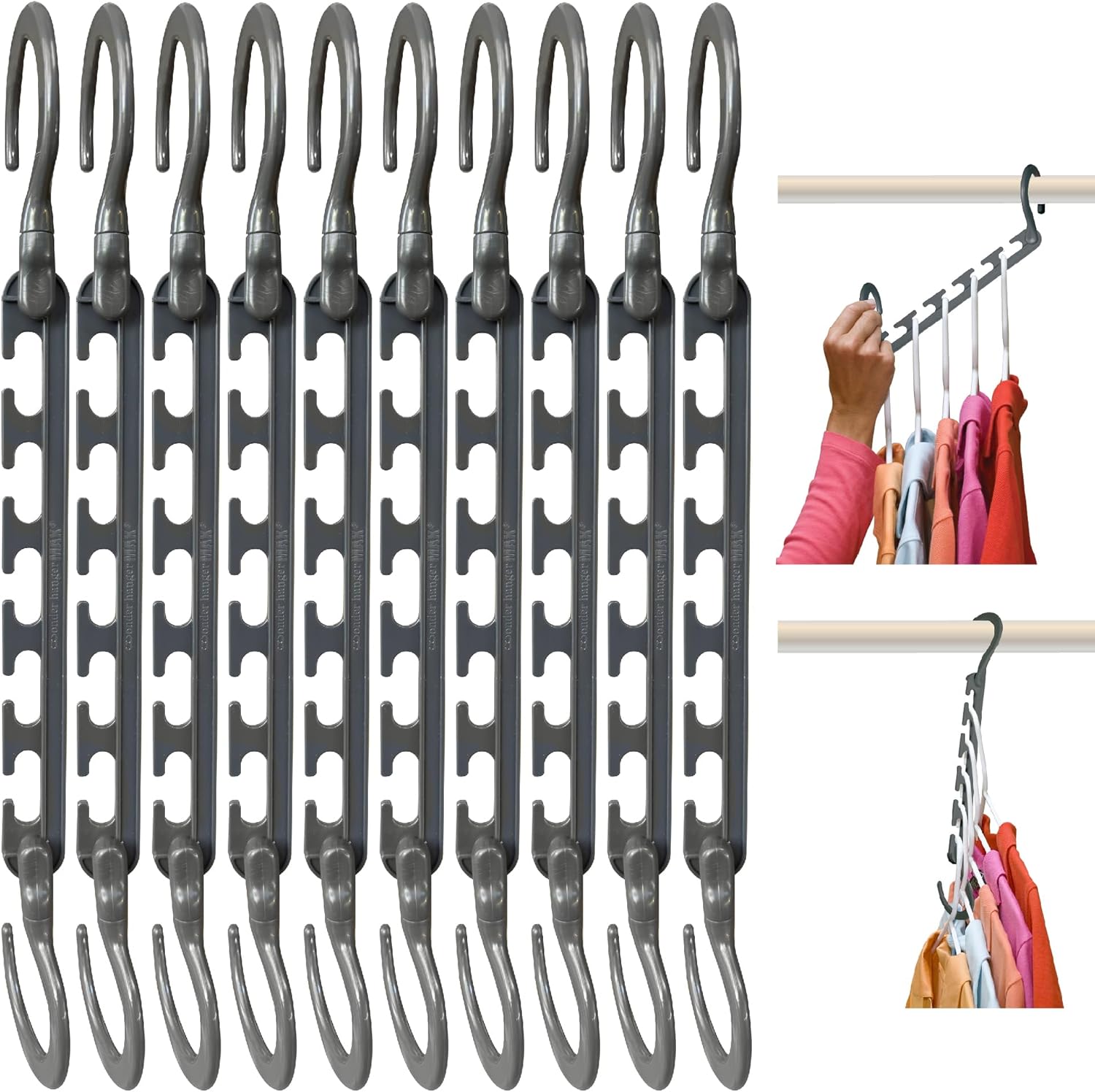 Max 10-Pack Space Saving Hangers, Reinforced Hooks Swivels 360°, Cascading Hanger, College Dorms & Storage Closet