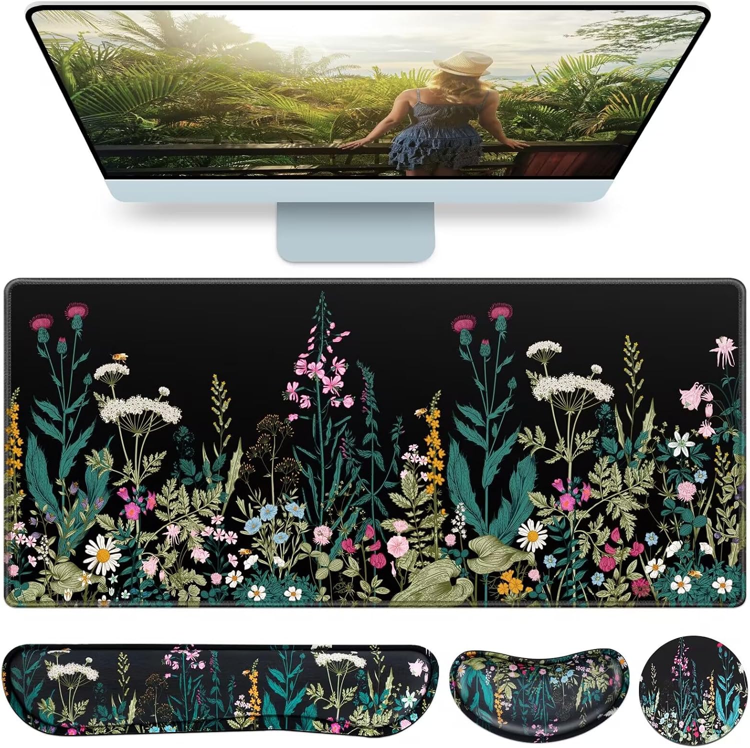 Desk Mat, Large Gaming Mouse Pad with Wrist Rest, 4in1 XXL Mousepad Floral | Keyboard Wrist Rest+Mouse Pad Wrist