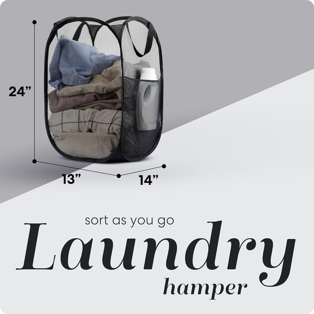 Collapsible Mesh Pop Up Hamper with Wide Opening and Side Pocket - Breathable, Sturdy, Foldable, and Space-Saving