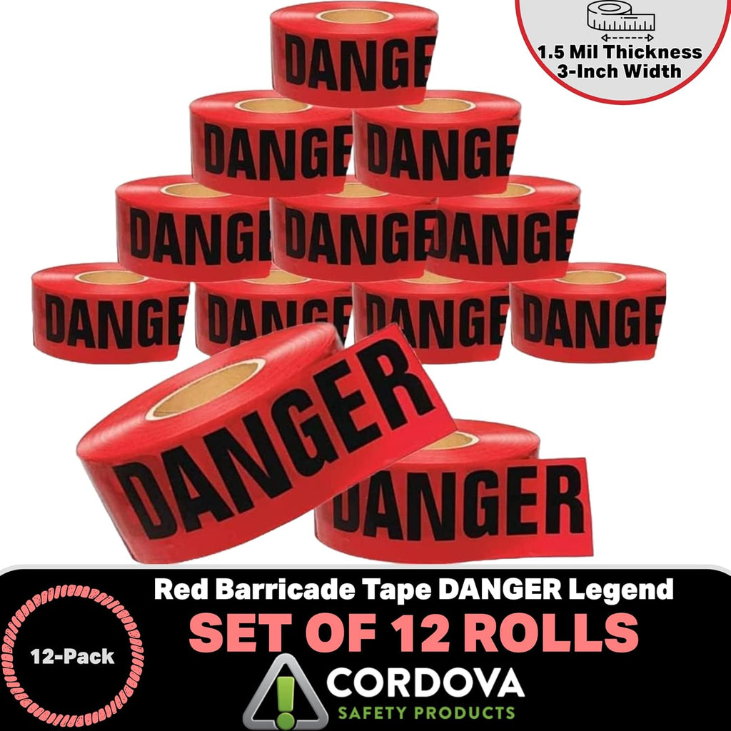 Safety Products - T15211 Pro Pack Danger Barricade Tape - Set of 12 Rolls - Each Roll Measures 3" x 1000' - Red