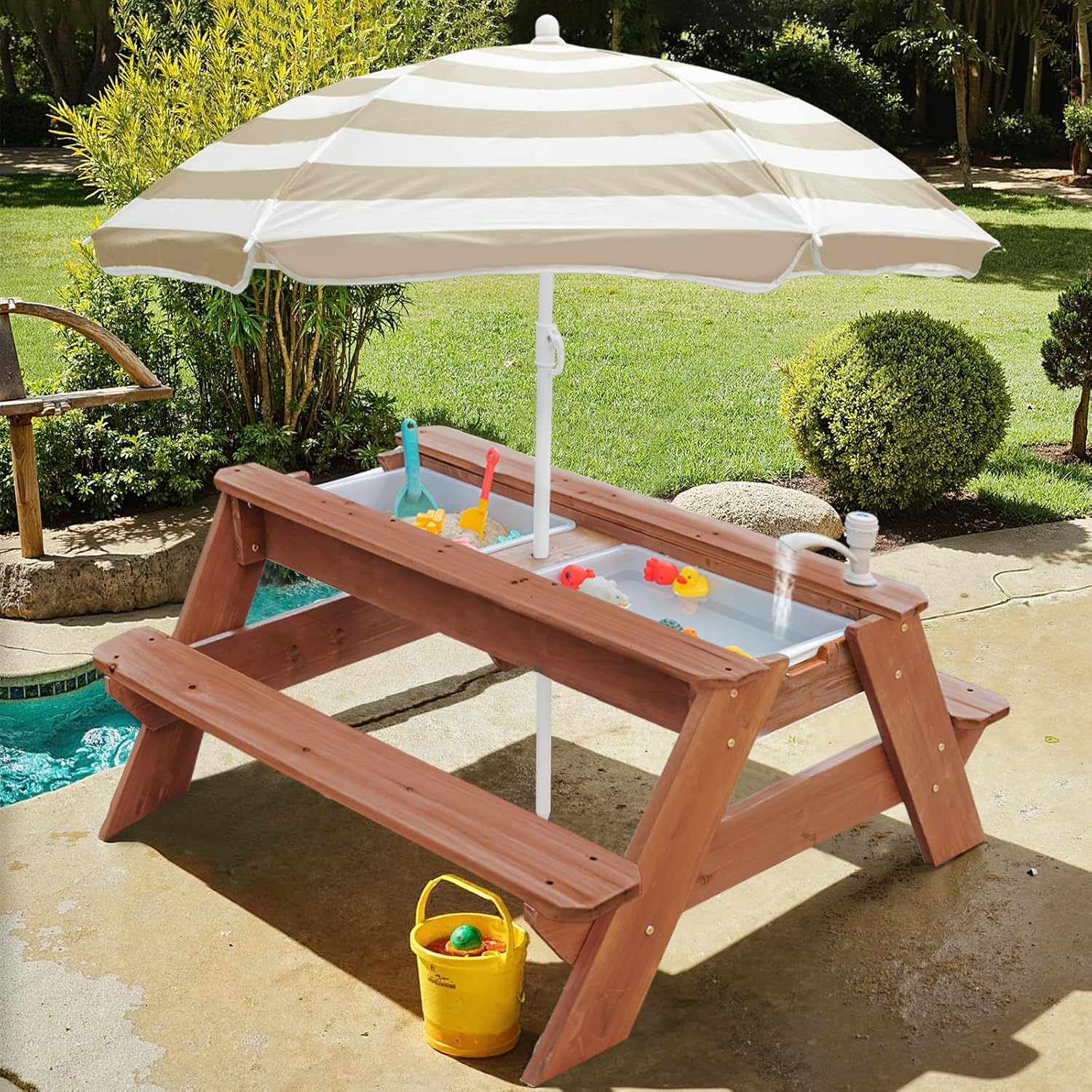 Kids 3-in-1 Sand & Water Table, Wood Outdoor Convertible Picnic Table w/Umbrella, 2 Trays, Removable Top with Faucet