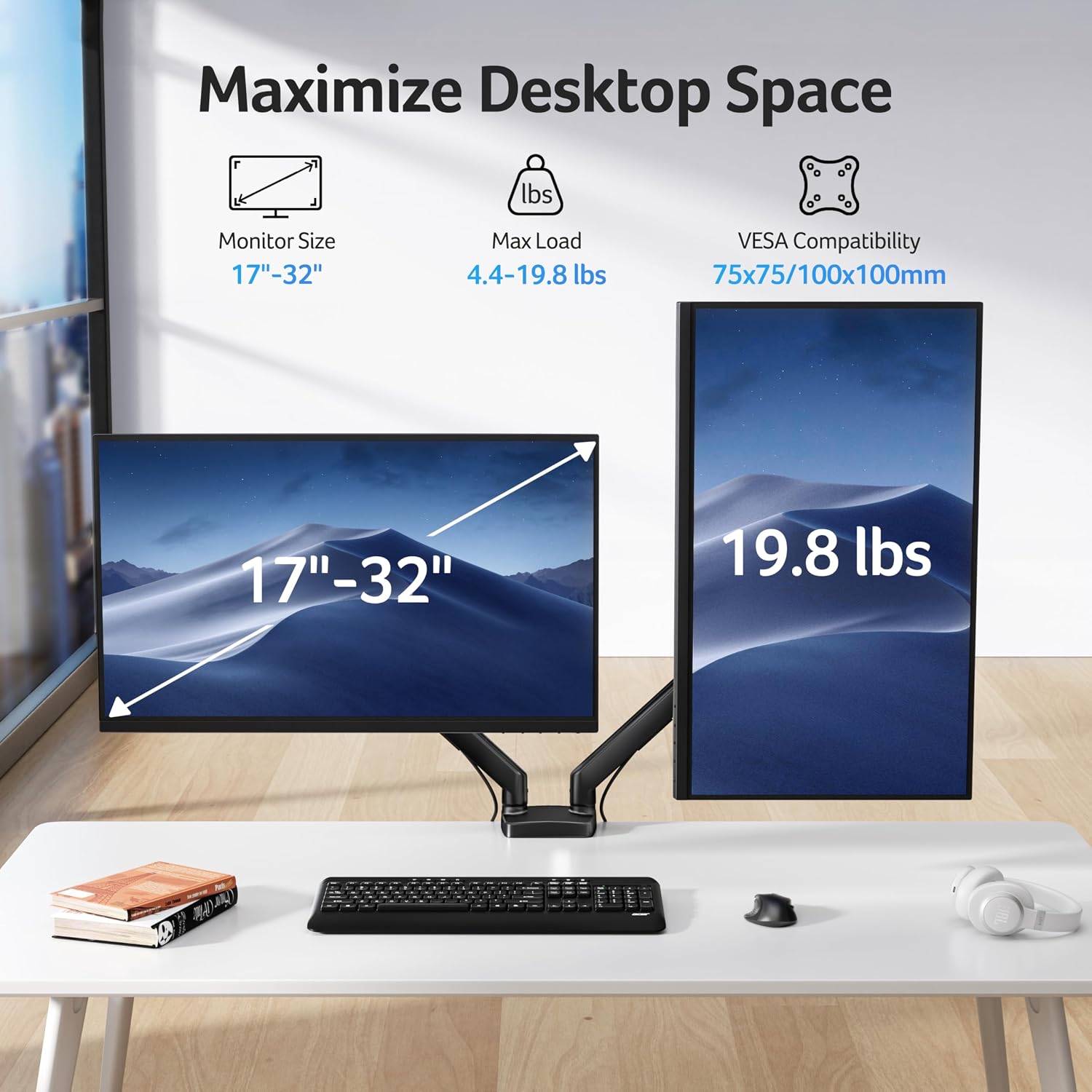 Dual Monitor Arm, Gas Spring VESA Mount Stand for 17-32" Screens | Computer Desk Arm Fully Adjustable VESA