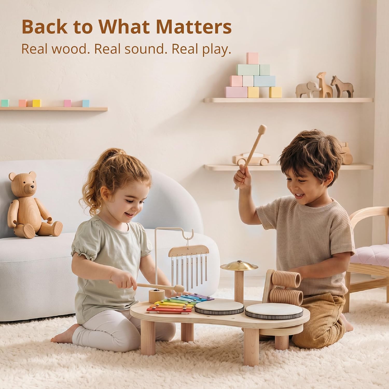 Wooden Drum Set for Toddlers 1-3, Musical Percussion Instruments for Kids Baby Drum Set Xylophone, Montessori