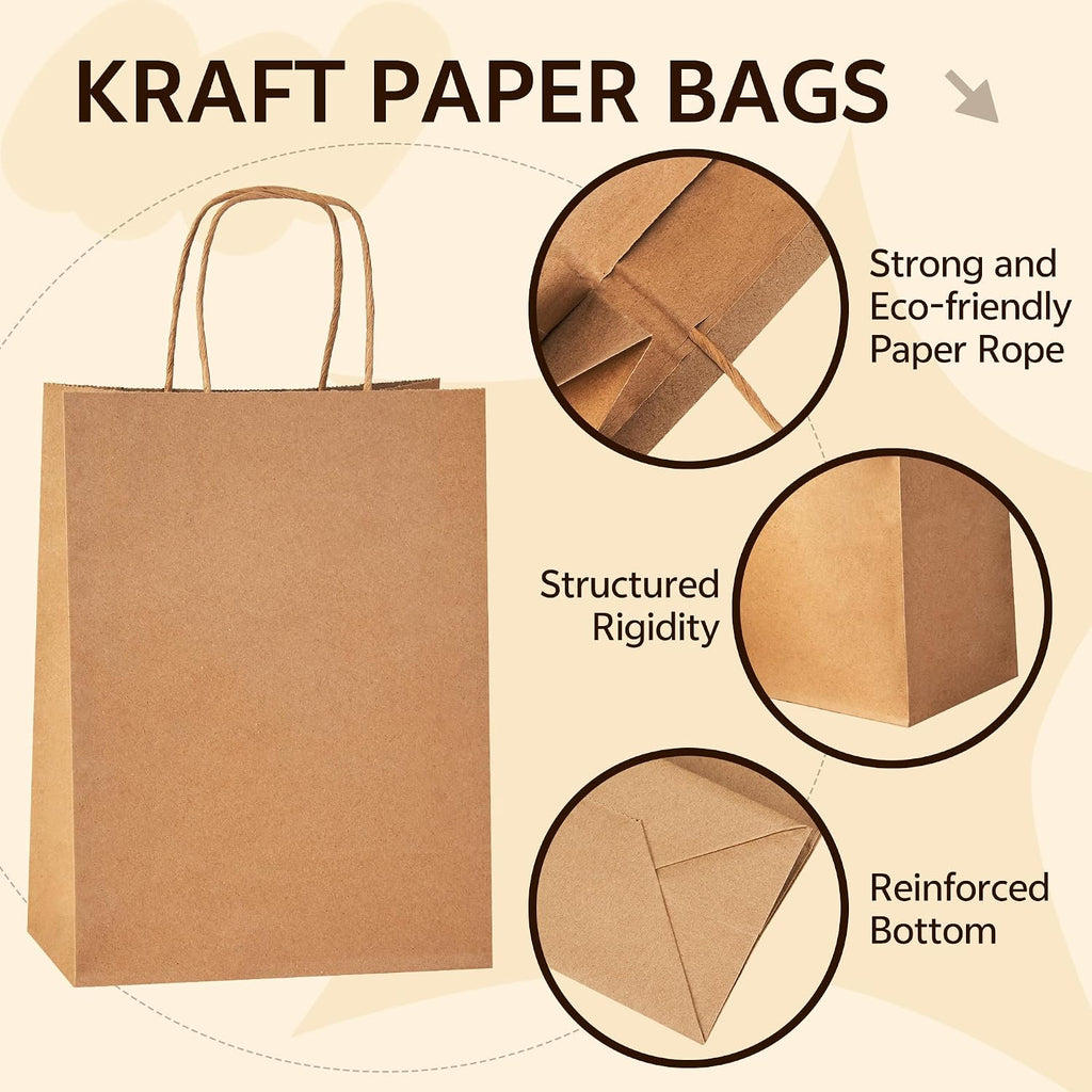 100 pcs Brown Paper Gift Bags with Handles, 8x4.5x10.8 Inch, Medium