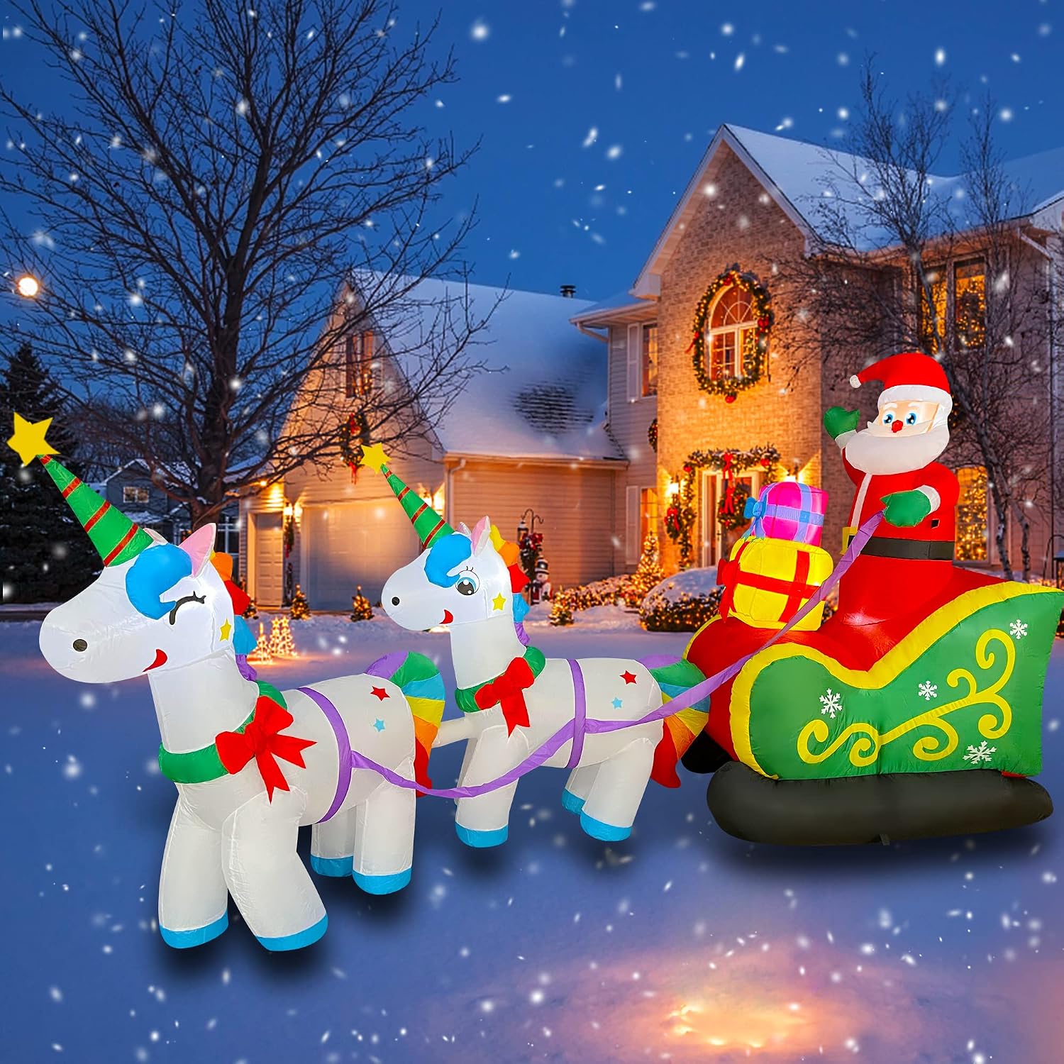 9 Ft Christmas Inflatable Santa Claus on Sleigh with 2 Unicorn Decoration LED Lighted Xmas Blow up for Yard Lawn