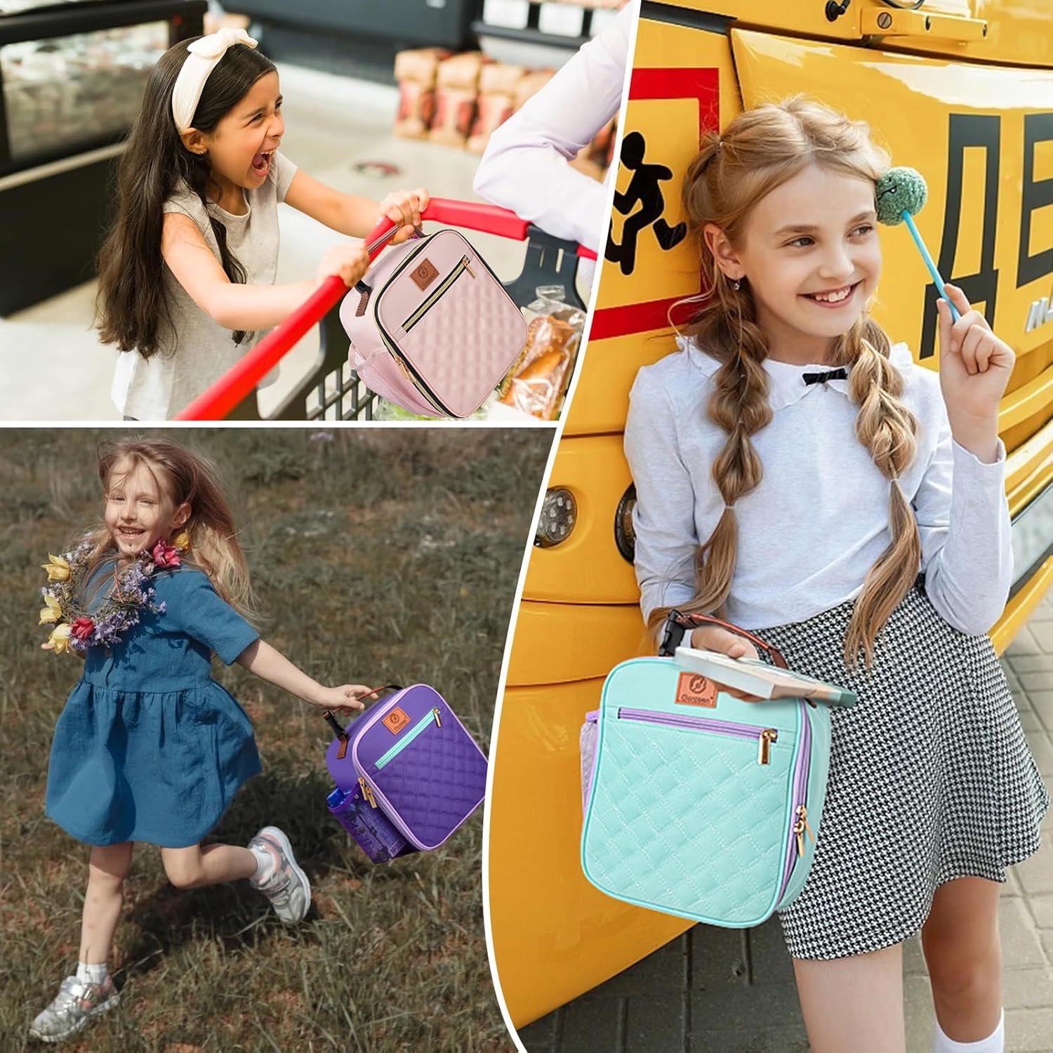 Kids Lunch Box Insulated Soft Mini Cooler with Bottle Holder, Lightweight Reusable Easy-Clean Lunch bag for Girls
