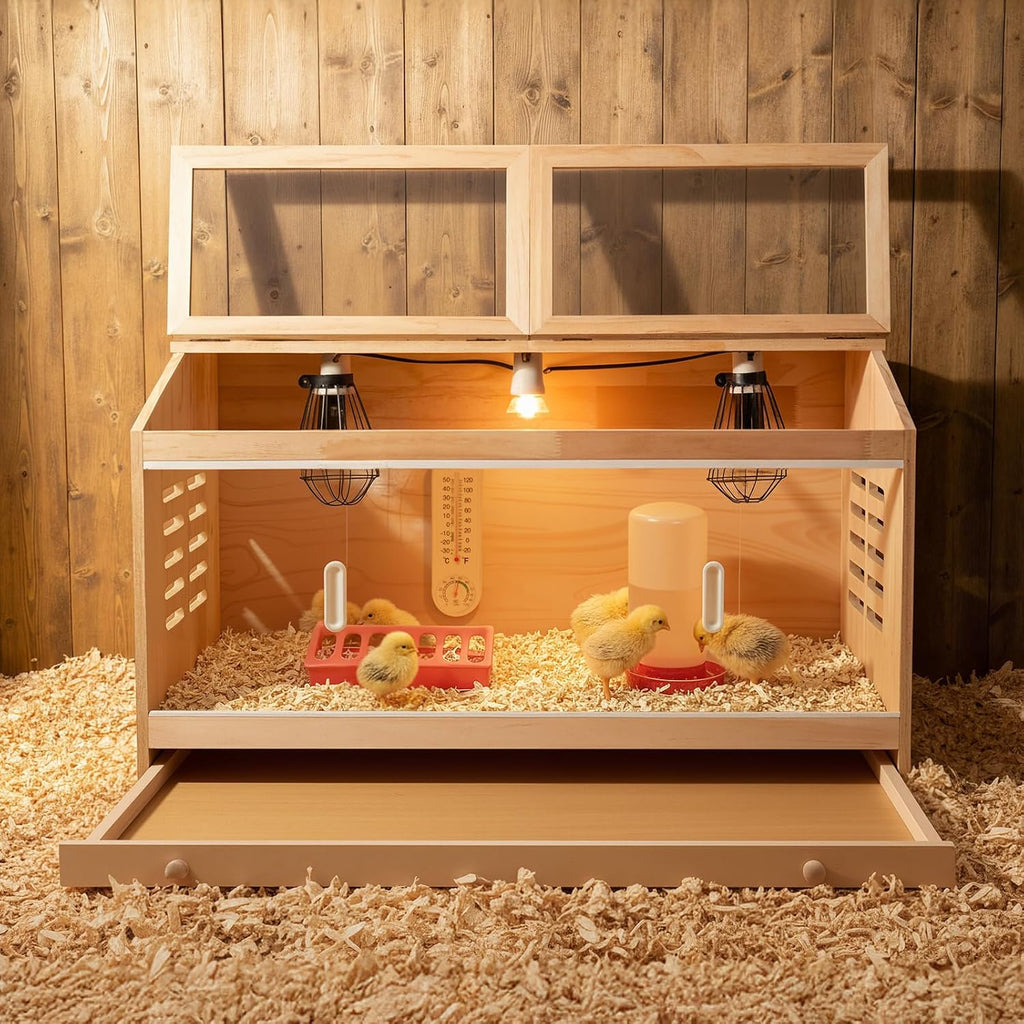 Large Wooden Chick Brooder Box with Drawers, 3 Heat Lamps and Thermostat