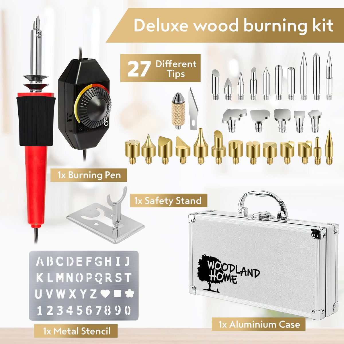 Professional Wood Burning Kit with Letters - Pyrography Pen Fully Adjustable Temperature With safety Stand - 27 Tips