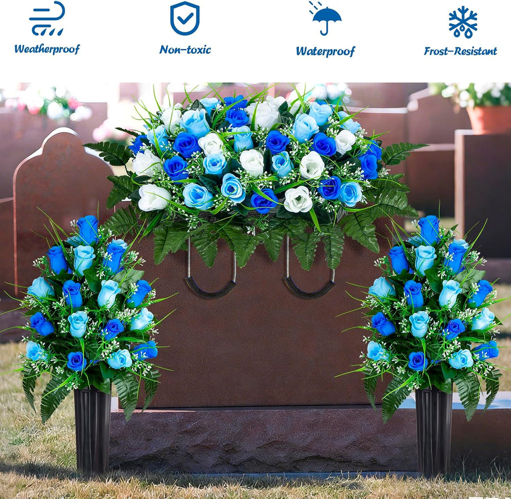 Artificial Cemetery Flowers Saddle, 2 Sets Grave Flowers Rose with Vase, Memorial Headstone Flowers Saddle for