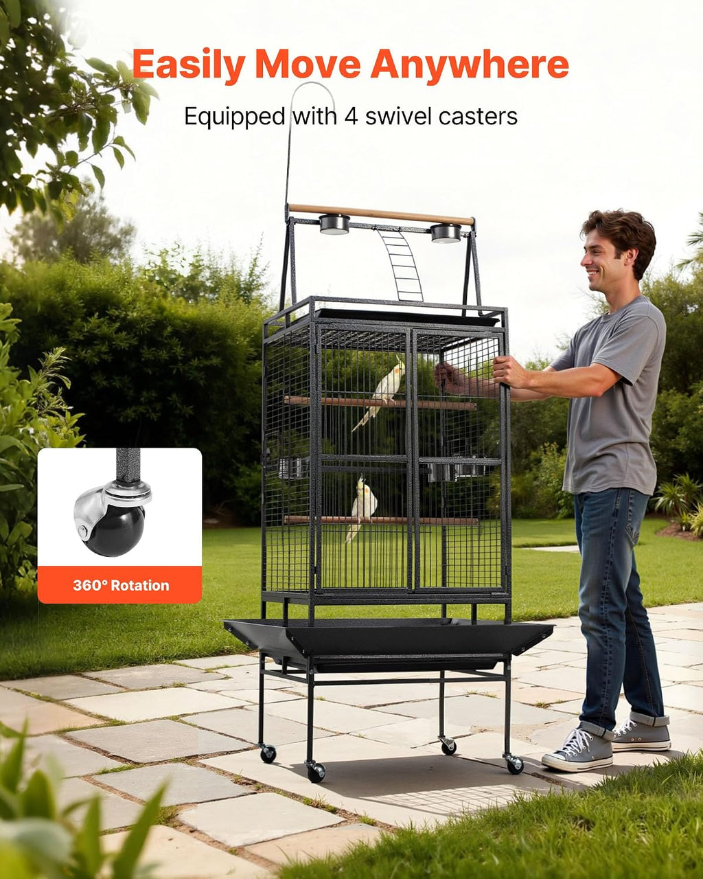 Bird Cage, 32.7 x 31.1 x 82.7 inch, Open Flat Top, Wrought Iron Bird Flight Cage with Perches, Slide-Out Tray