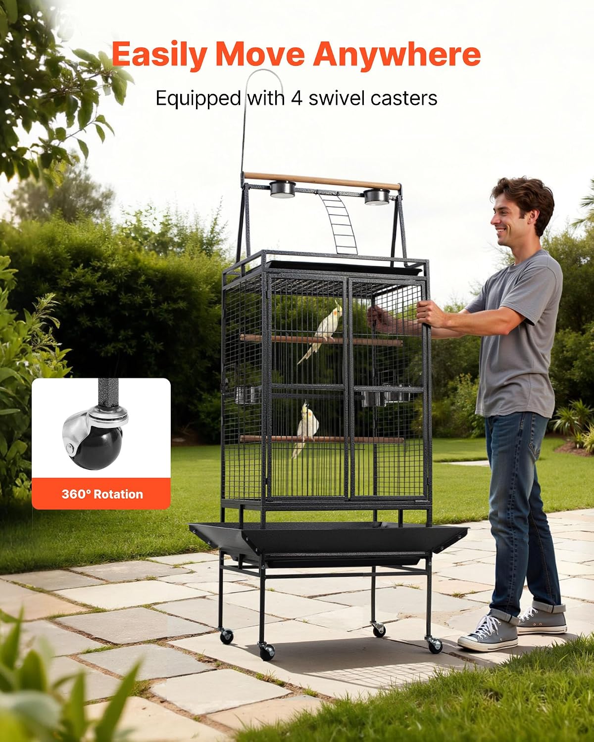 Bird Cage, 32.7 x 31.1 x 82.7 inch, Open Flat Top, Wrought Iron Bird Flight Cage with Perches, Slide-Out Tray