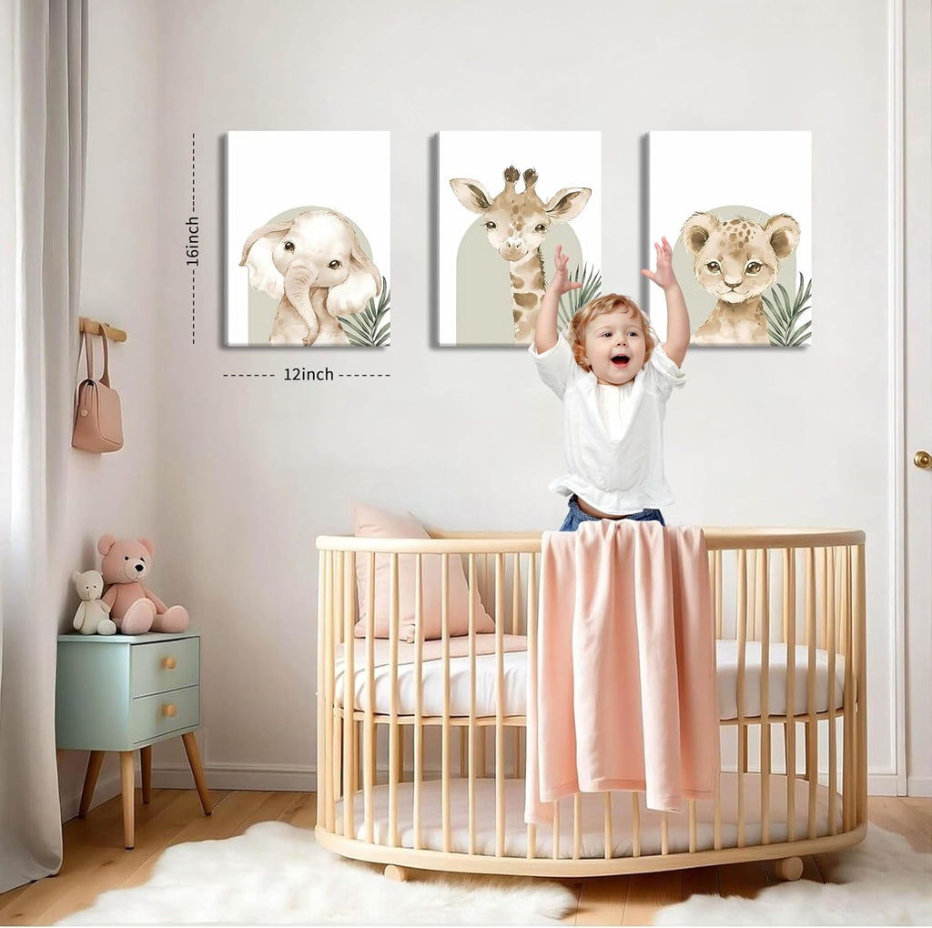 Nursery Wall Decor Set of 3, Cute Animal Lion Elephant Baby Pictures Poster Prints, Giraffe Jungle Canvas Wall Art