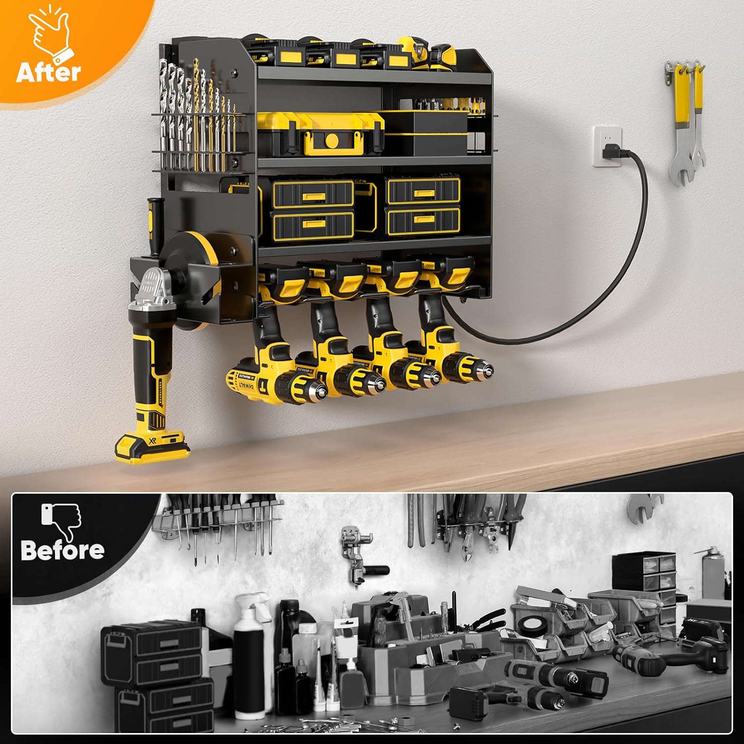 Power Tool Organizer Wall Mount with Charging Station,Tool Storage Rack with 8 Outlet Power Strip,Heavy Duty Metal