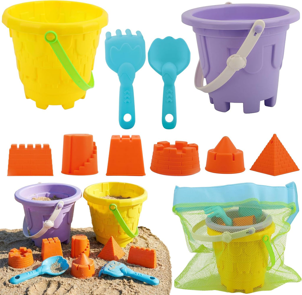 Beach Toys for Kids, 11-Piece Sand Castle Bucket & Sand Toys Set | 6 sand molds, 2 shovels, mesh bag, beach pail &
