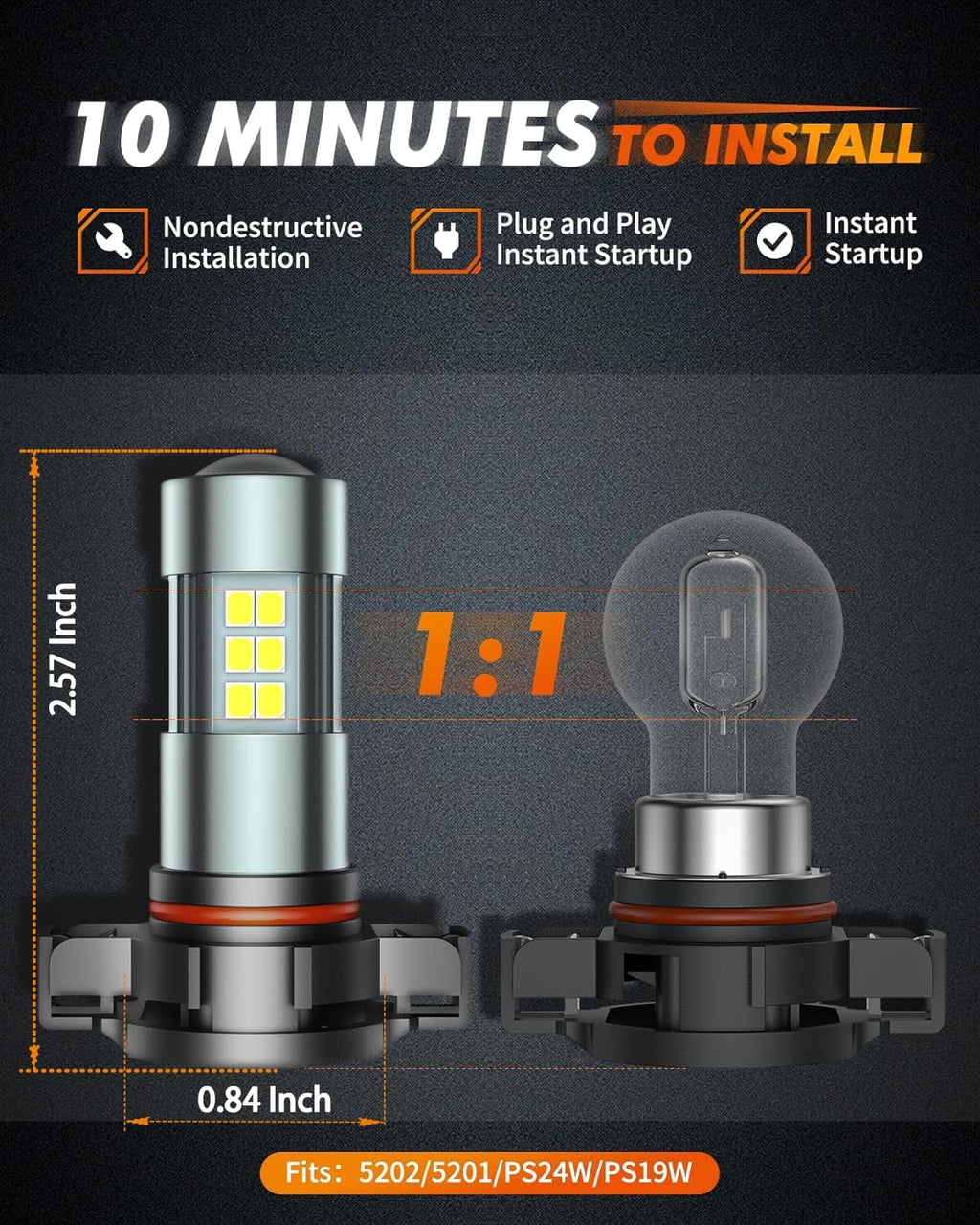 5202 LED Fog Light Bulbs, 6000K Xenon White, 27 SMD Chips DRL Bulbs, 5202 5201 PS19W PS24W 9009 LED Fog Light, Pack of 2