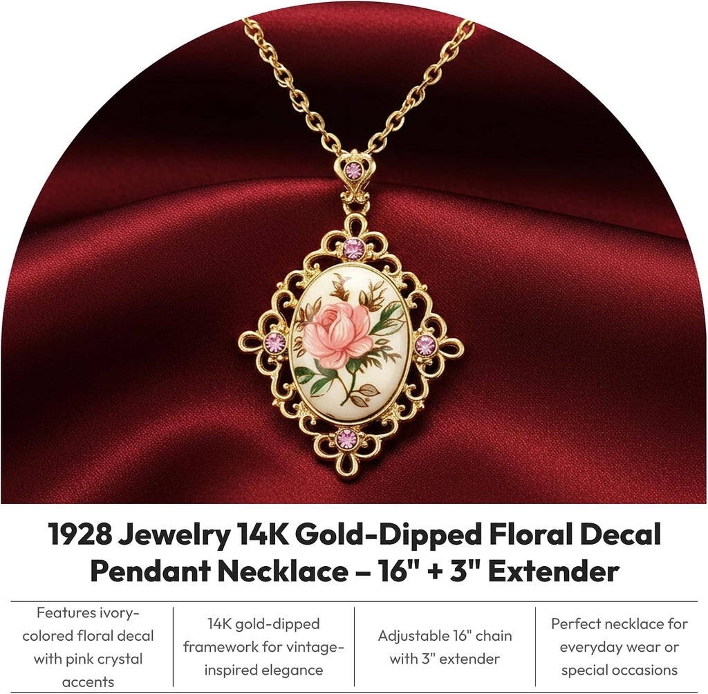 1928 Jewelry 14K Gold Dipped Ivory Color Floral Decal Pink Crystal Accent Pendant Necklace For Women 16" + 3" Extender