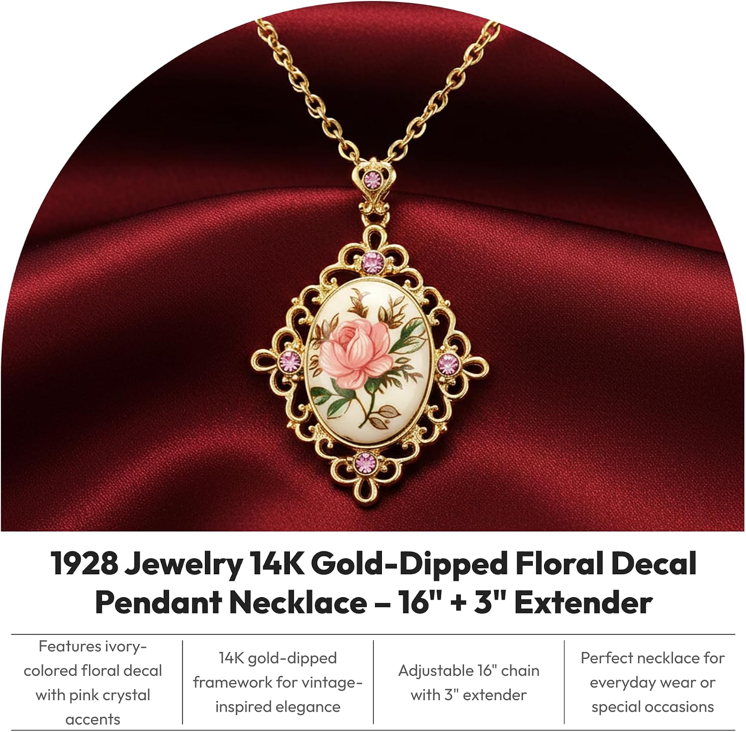 1928 Jewelry 14K Gold Dipped Ivory Color Floral Decal Pink Crystal Accent Pendant Necklace For Women 16" + 3" Extender