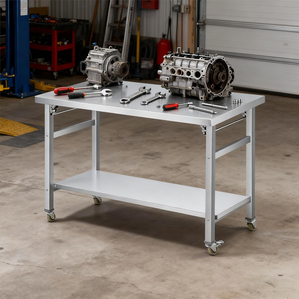 48x24" NSF Stainless Steel Folding Prep Table w/ Undershelf & Casters