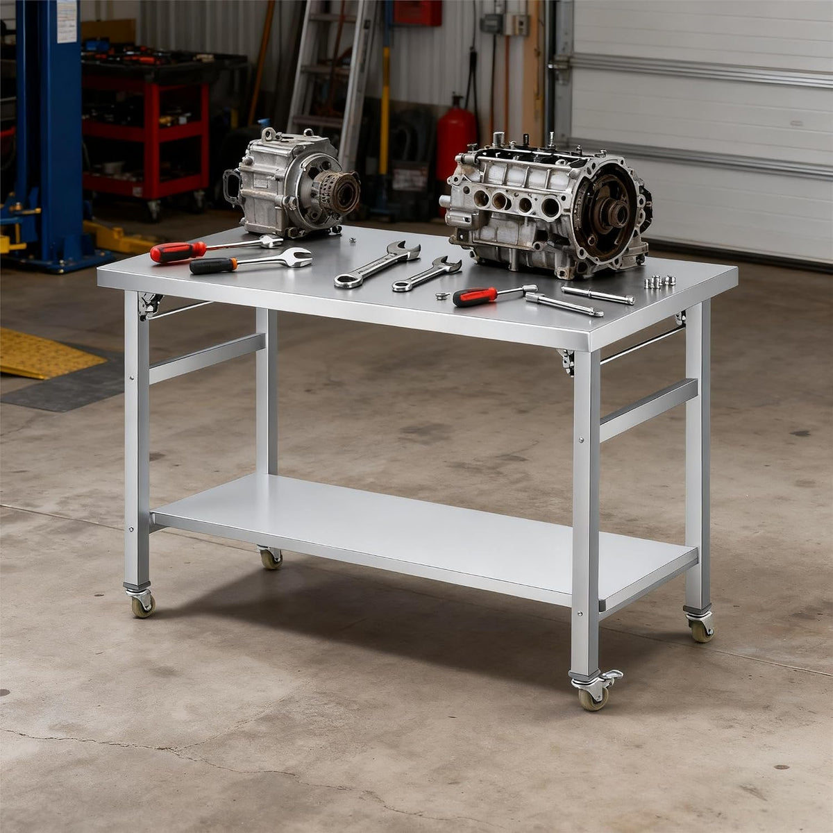 48x24" NSF Stainless Steel Folding Prep Table w/ Undershelf & Casters