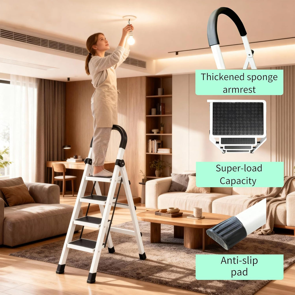4 Step Folding Ladder, Portable and Compact, Anti-Slip Multi-Use Household Step Ladder for Home, Kitchen, Office, and