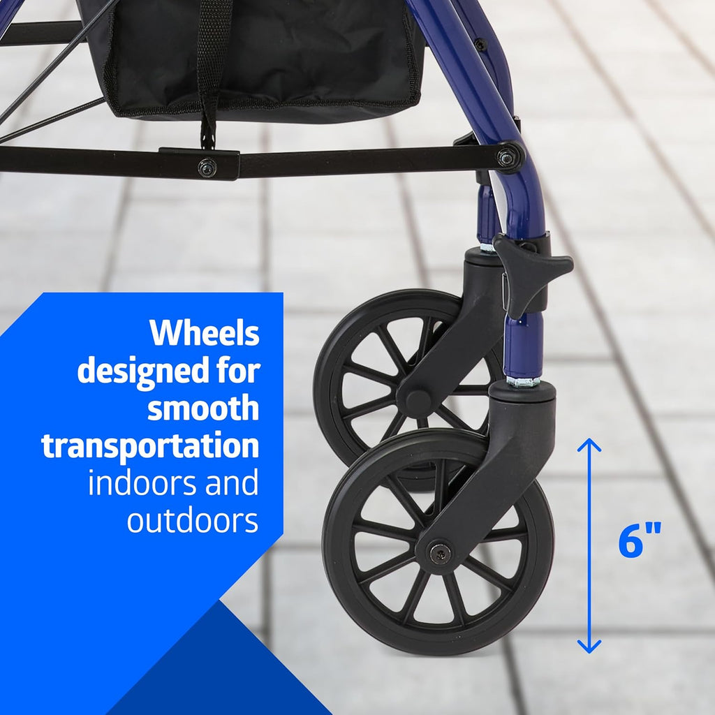 Rollator Walker with Seat, Steel Rolling Walker with 6-inch Wheels Supports up to 350 lbs, Medical Walker, Blue