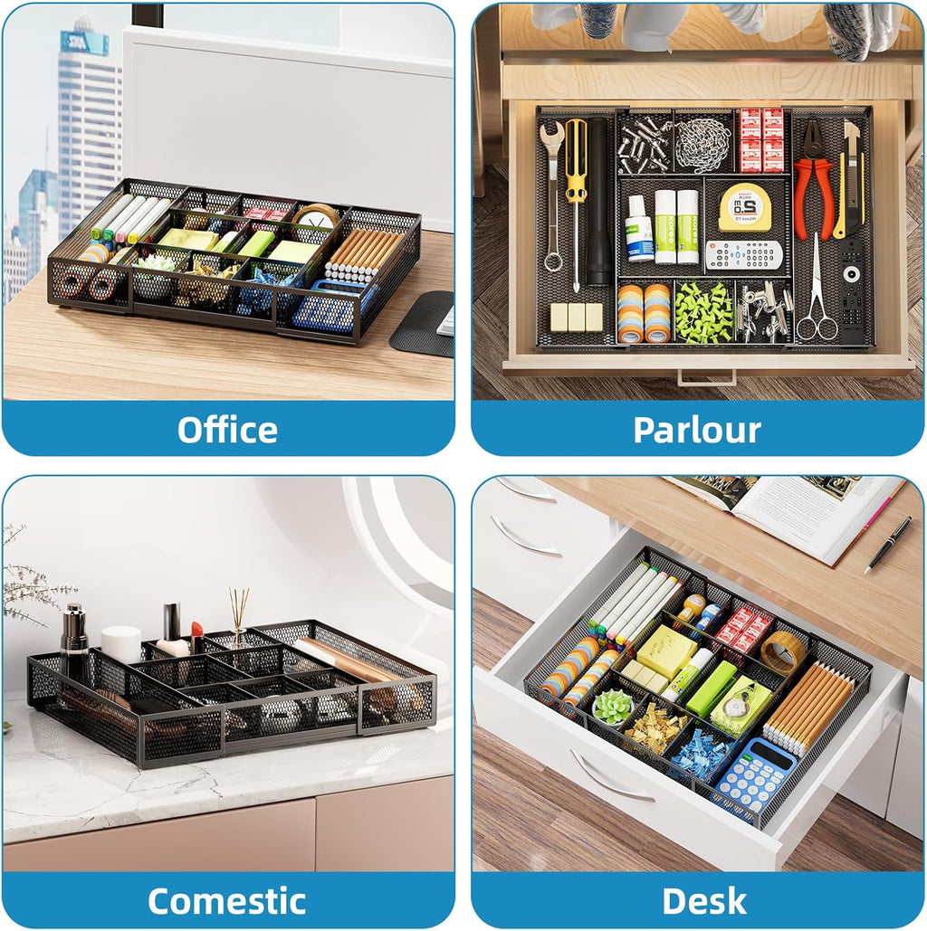 Expandable Desk Drawer Organizer, Mesh Drawer Organizer Tray with 10 Adjustable Compartments, Desk Organizers and
