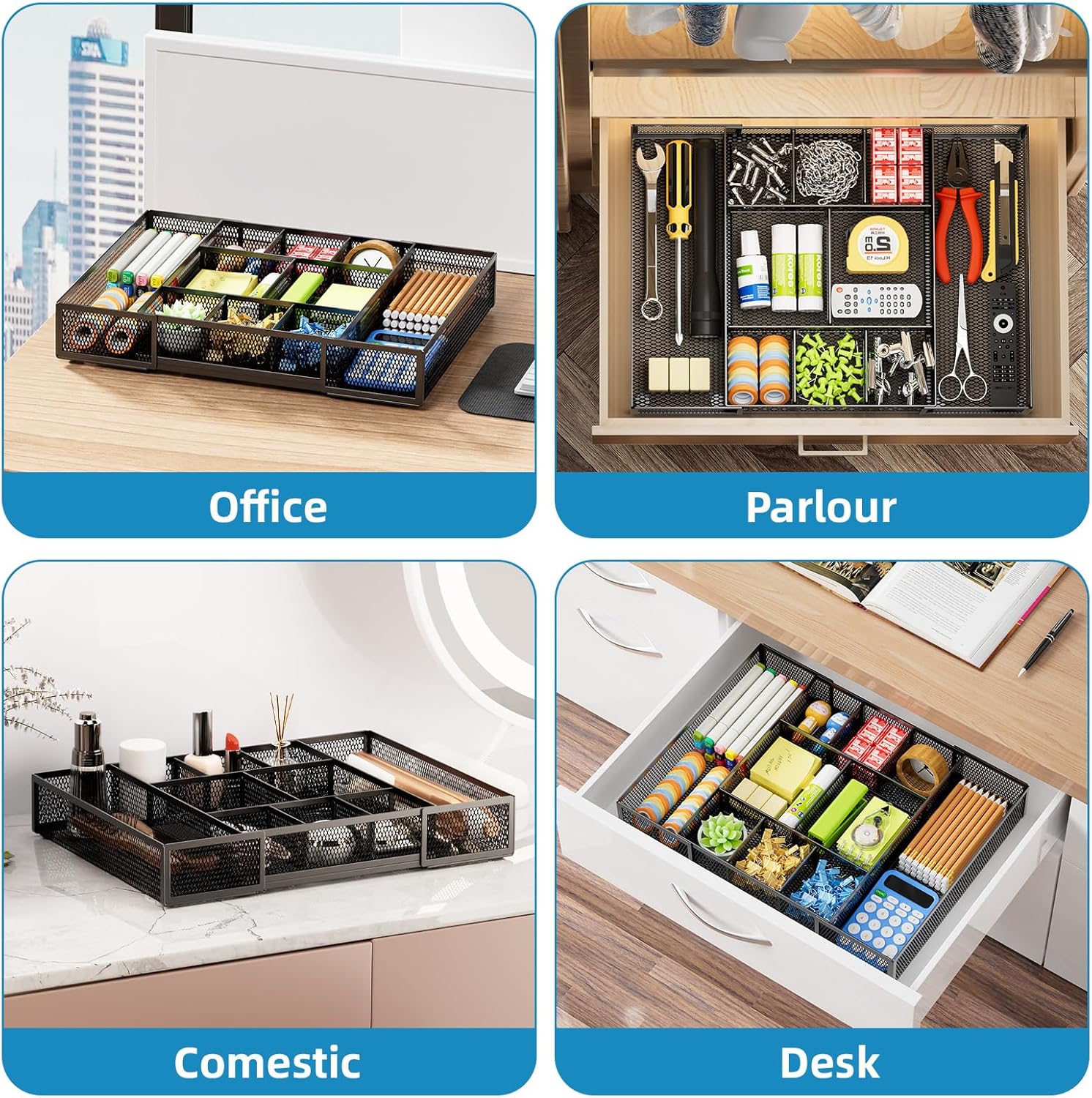 Expandable Desk Drawer Organizer, Mesh Drawer Organizer Tray with 10 Adjustable Compartments, Desk Organizers and