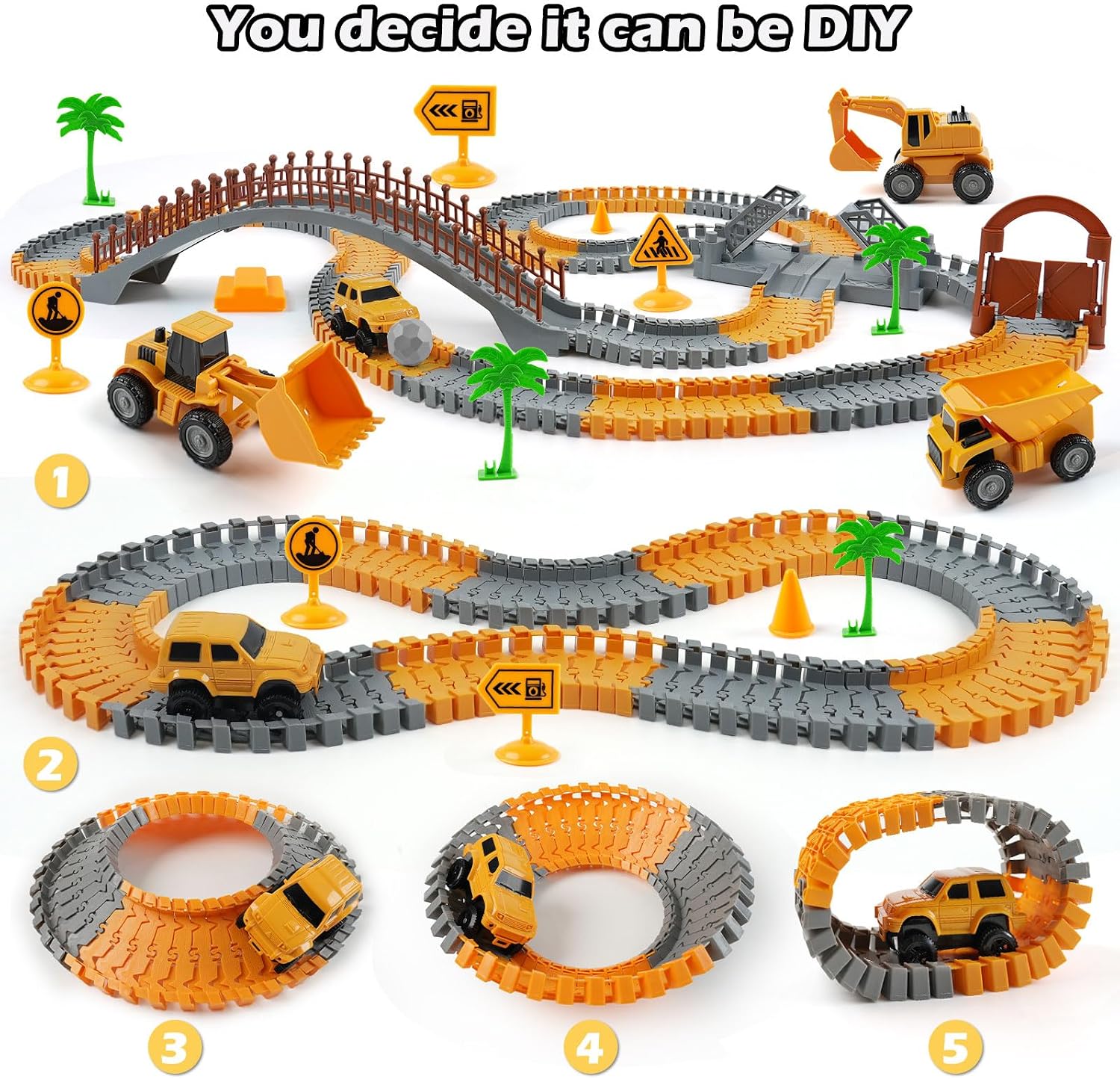 Construction Race Car Track Set for Kids - Flexible Engineering Toys with 2 Electric Cars, Birthday Gift for 3 4 5 6