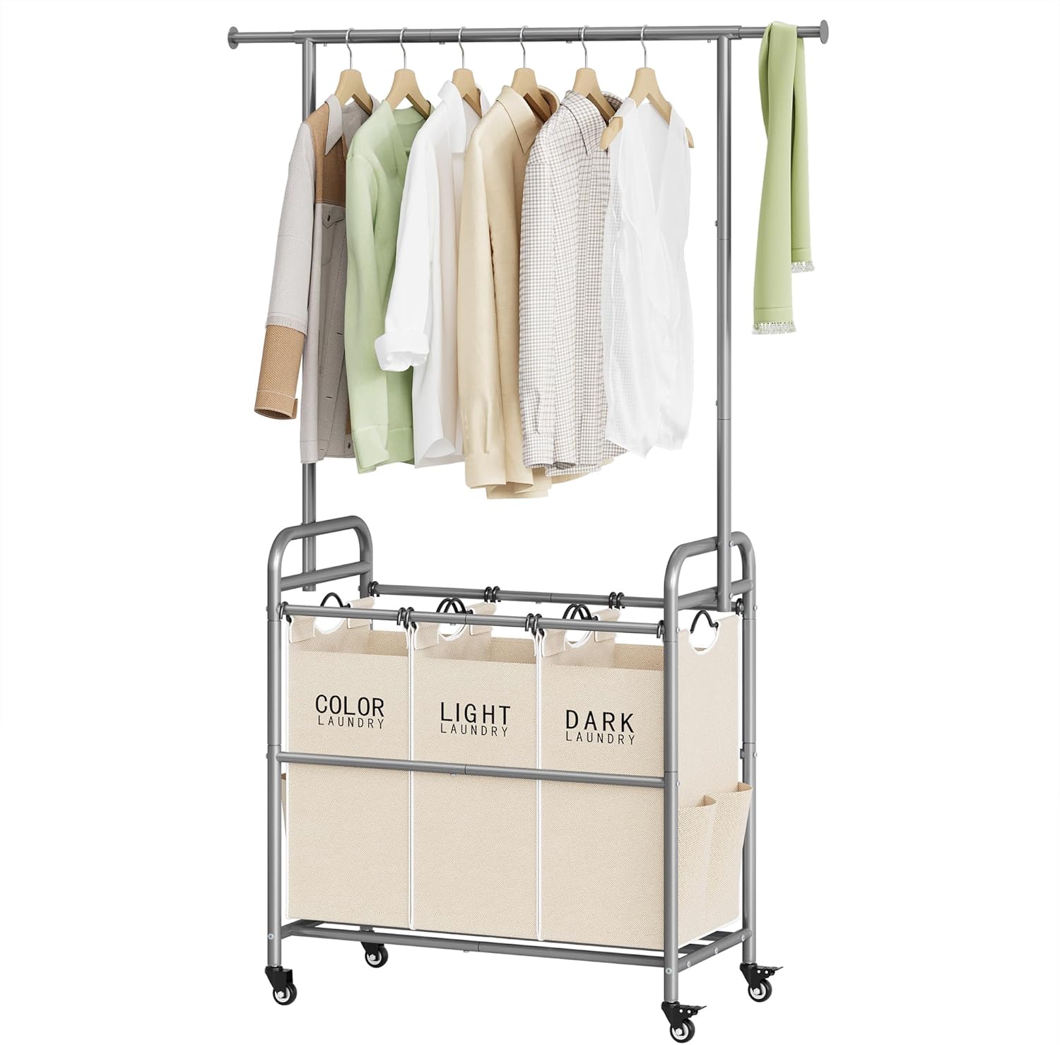 Laundry Hamper with Hanging Rack, Laundry Sorter 3 Section, Beige | 39 Gal Rolling Laundry Cart with Heavy Duty