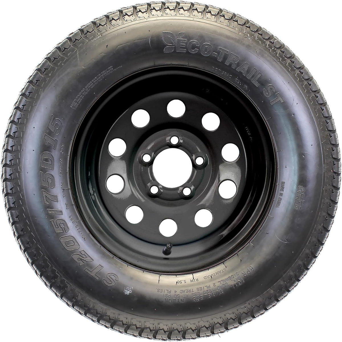 Trailer Tire Rim Assembly ST205/75D15 Black Load Range C 5 Lug