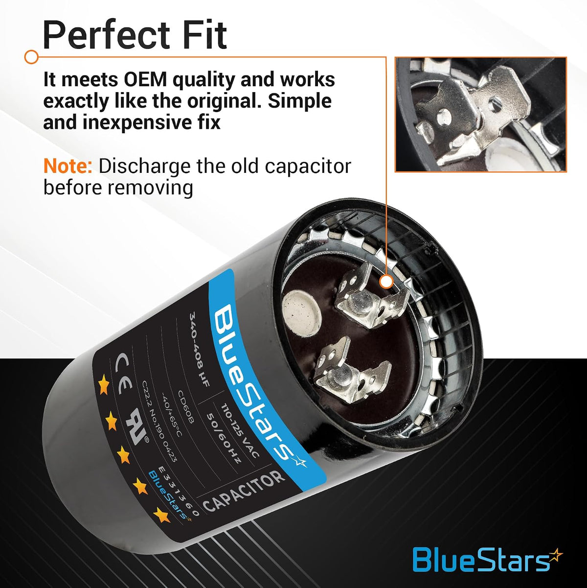 BlueStars 2 Packs 340-408 uF 110-125 VAC Motor Start Capacitor 50/60 Hz