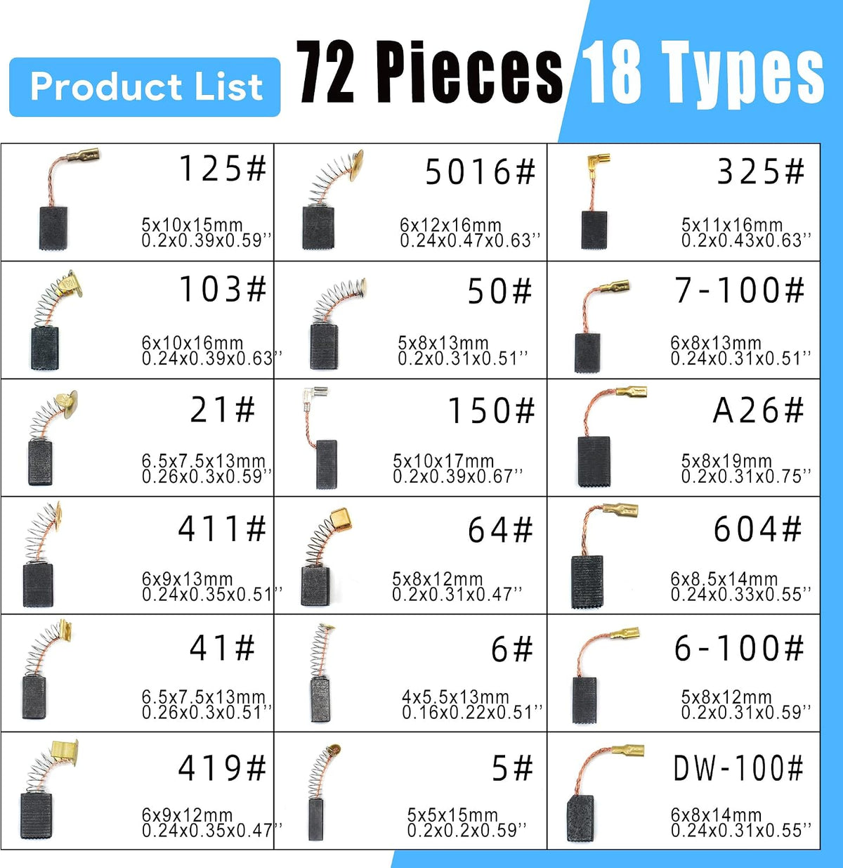 72PCS Carbon Brushes Set, 18 Sizes for Power Tools & Drills