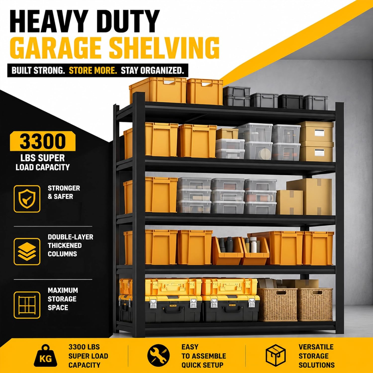 72''H Garage Shelving, 5 Tier Heavy Duty Shelving with Side Rails | 2500 lbs Capacity Garage Storage