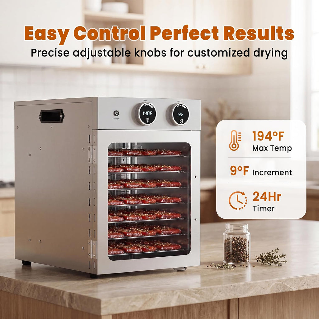 Food Dehydrator Machine | 8 Stainless Steel Trays | 500W Fast Even Drying | 86–194°F Precise Temp Control, 24H Timer