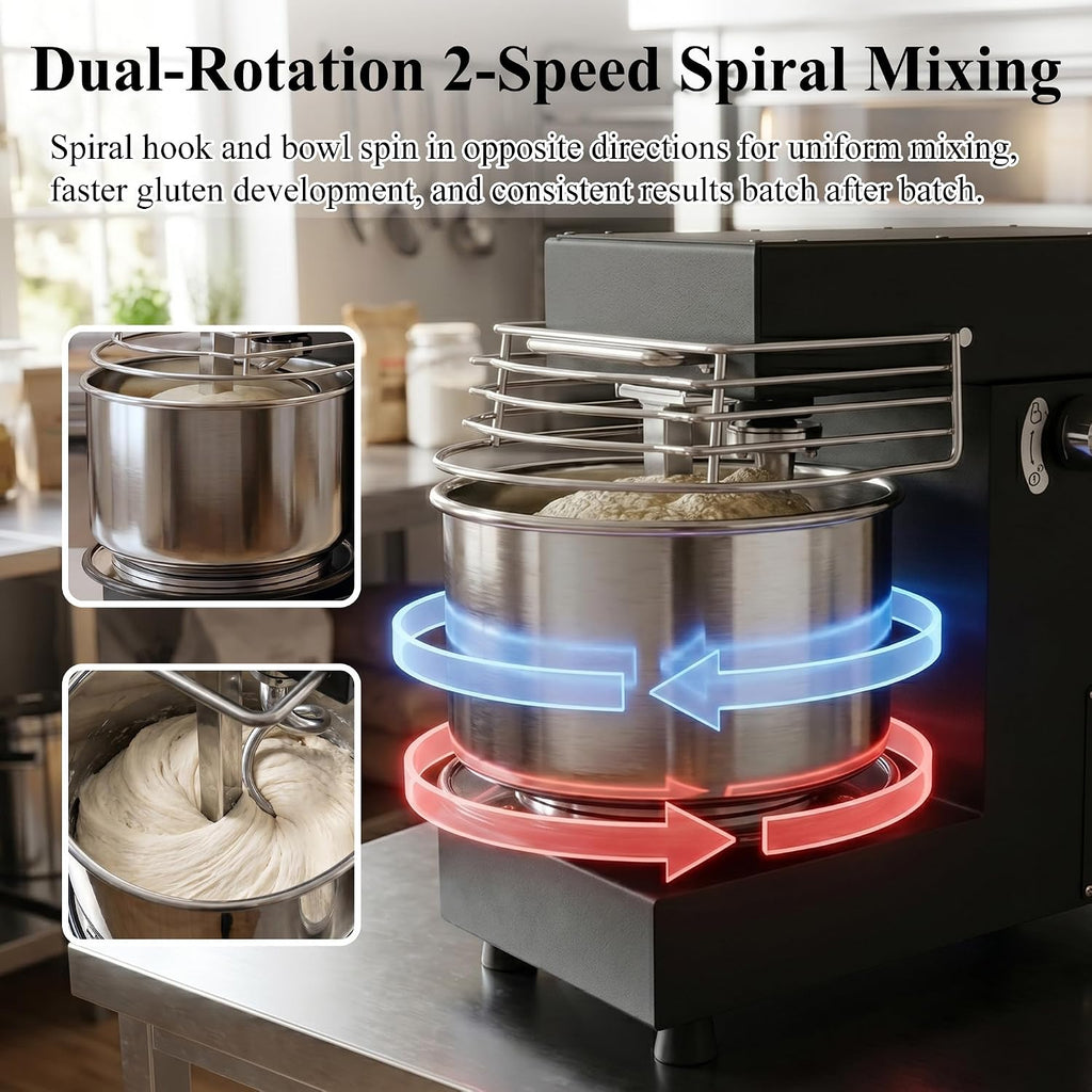 10.7 Qt Commercial Spiral Dough Mixer, Heavy Duty Dough Kneader