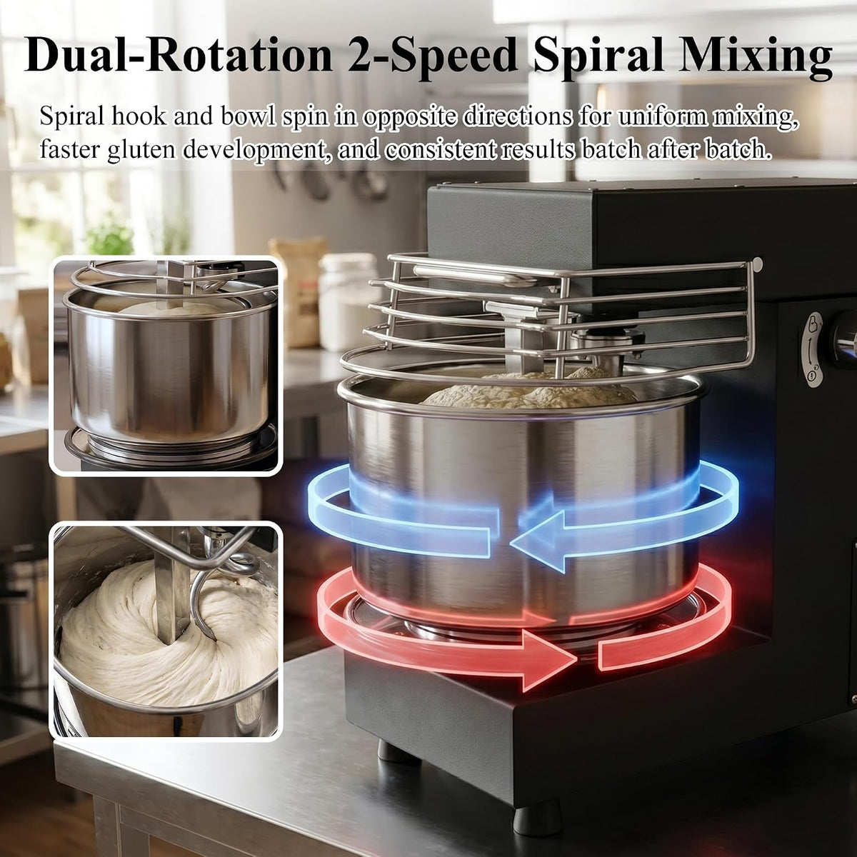 10.7 Qt Commercial Spiral Dough Mixer, Heavy Duty Dough Kneader