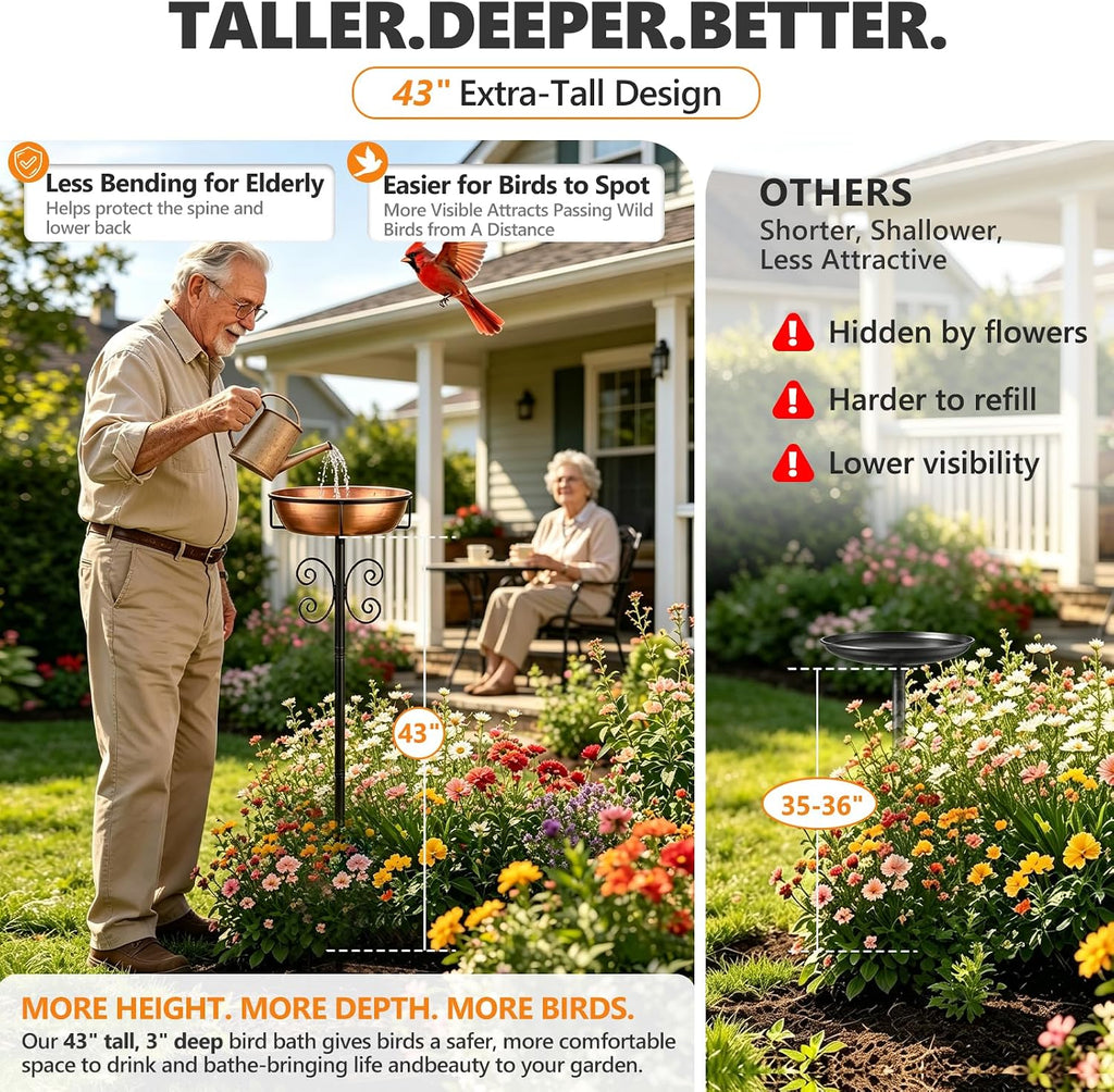 3" Deep 43" Tall Metal Bird Bath for Outside, Birdbath for Outdoors
