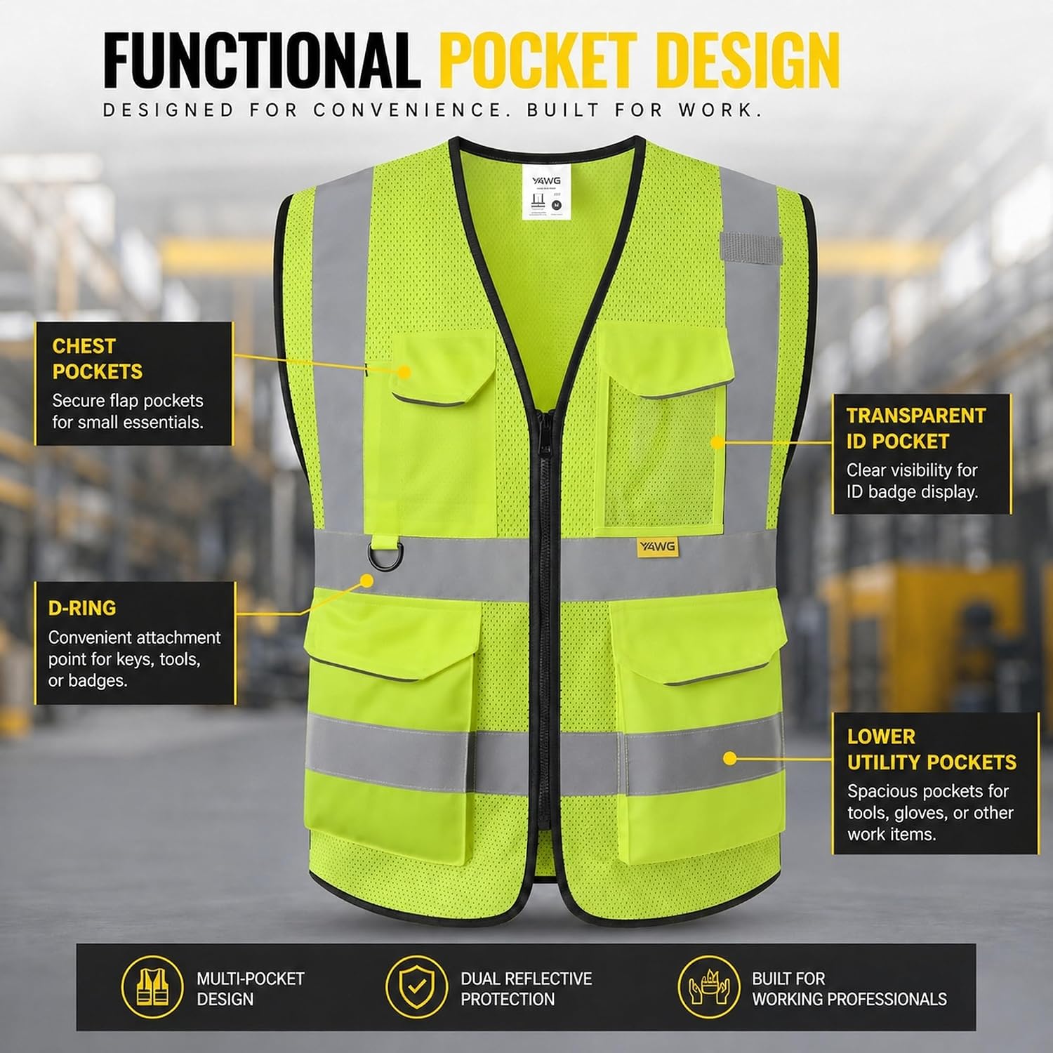 Reflective Safety Vest for Men Women with Pockets,Meets ANSI/ISEA | Breathable Mesh Construction Vest with Reinforced