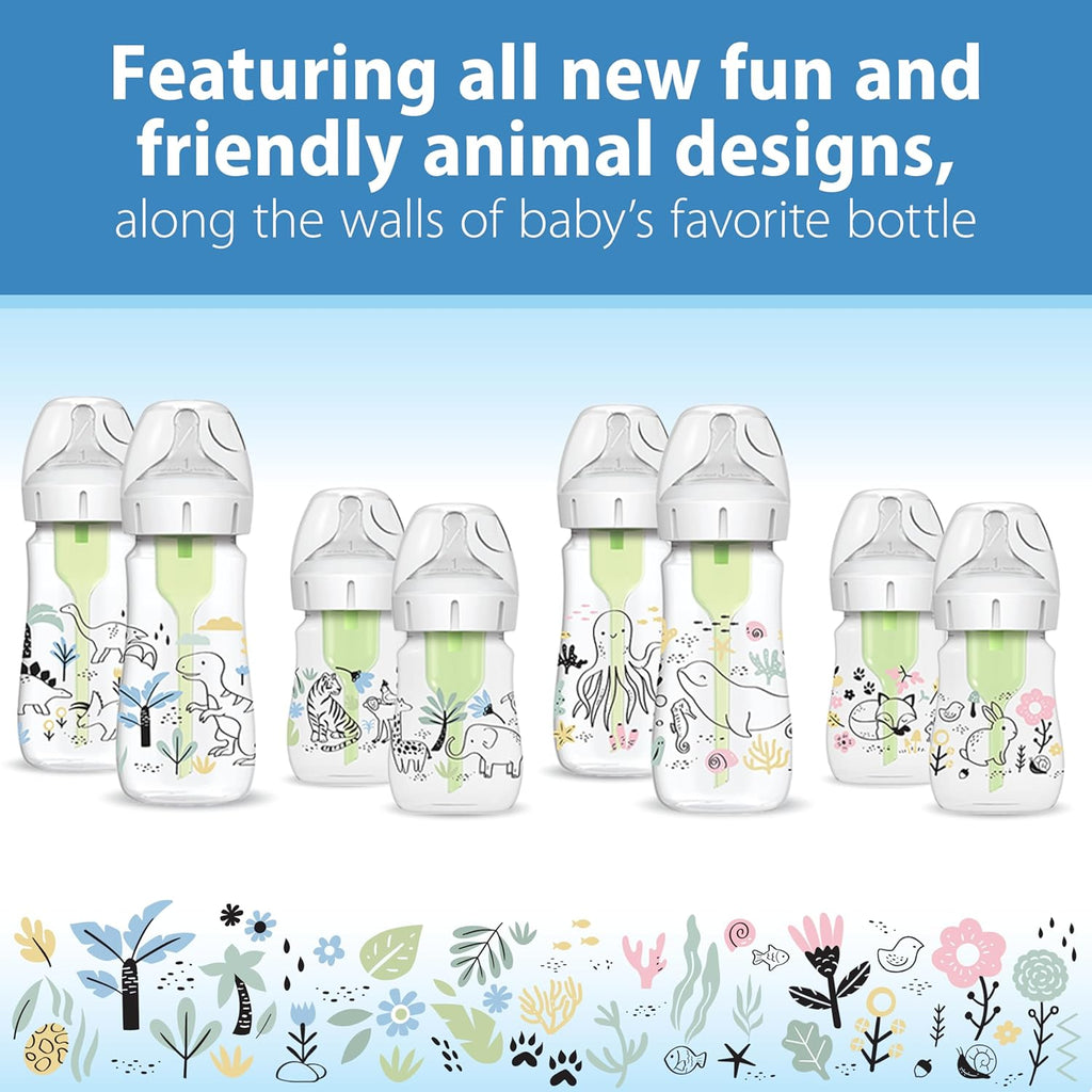 Anti-Colic Options+ Wide-Neck Baby Bottle Designer Edition Bottles, Jungle Decos, 5 oz/150 mL, Level 1 Nipple, 0m+