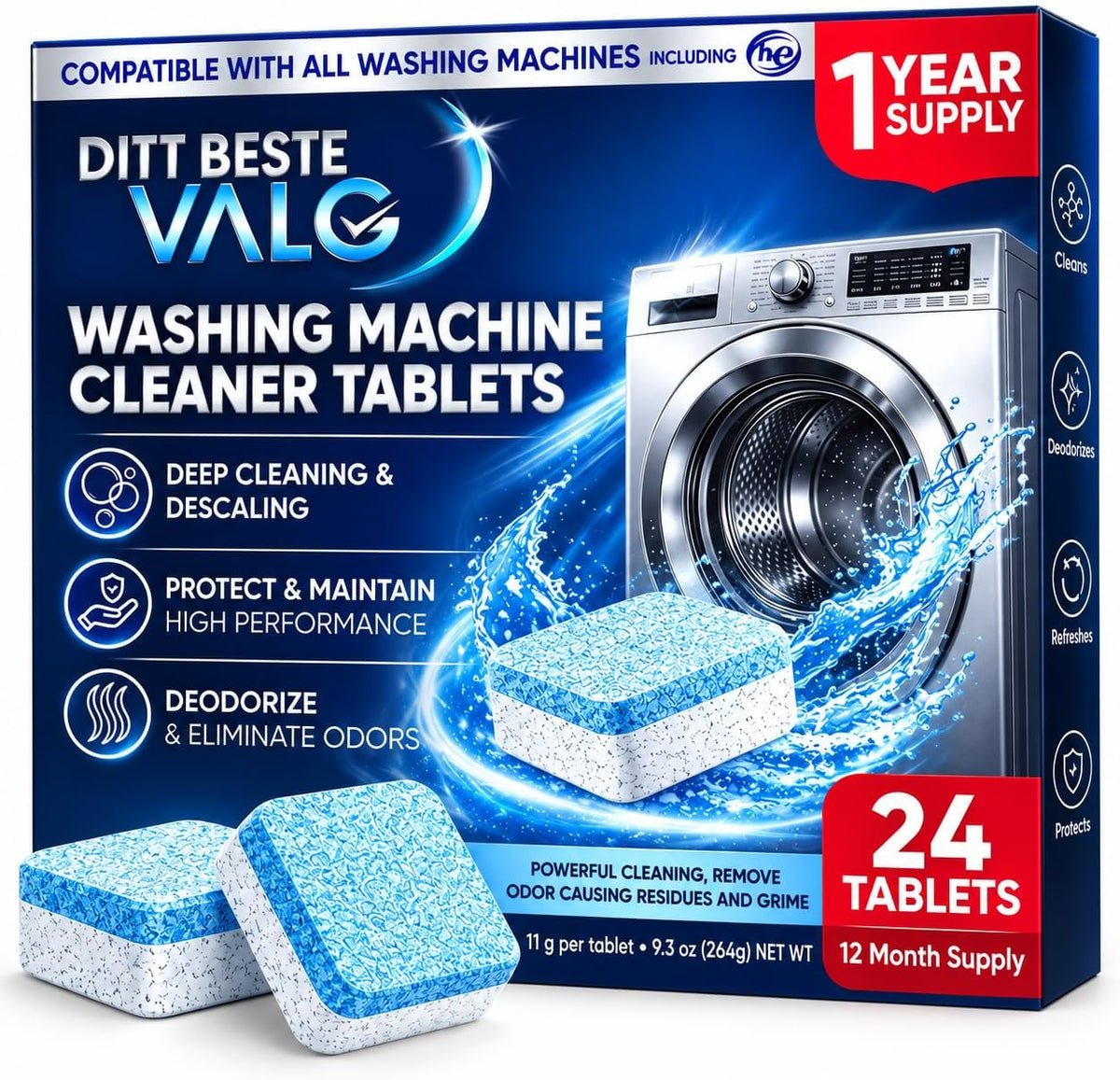 Premium Washing Machine Cleaner Tablets 24 Powerful Deep Clean Descaler & Deodorizer Pods HE Compatible Front & Top