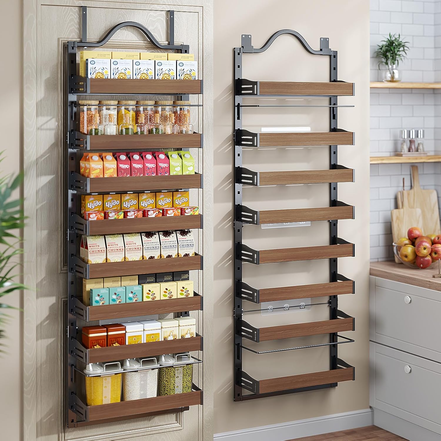 8-Tier Pantry Door Organizer, Over the Door Pantry Organizer with Wooden Adjustable Baskets, 2 IN 1 Spice Rack Wall