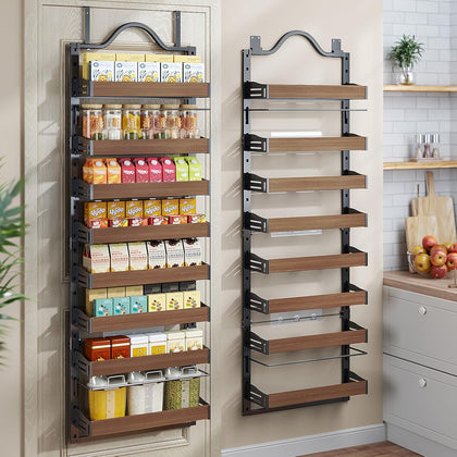 8-Tier Pantry Door Organizer, Over the Door Pantry Organizer with Wooden Adjustable Baskets, 2 IN 1 Spice Rack Wall